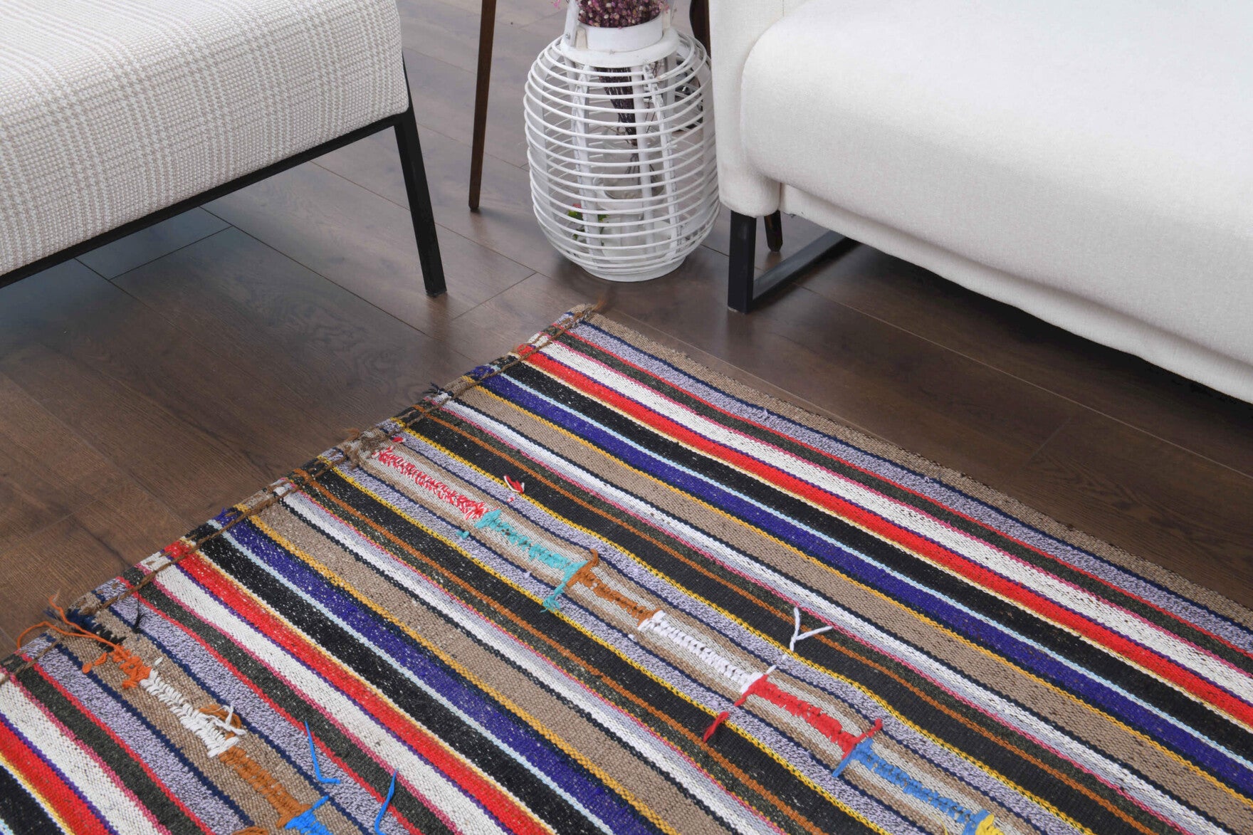 Smaragdotima kilim: 1960s handwoven flatweave Anatolian kilim with striped motifs