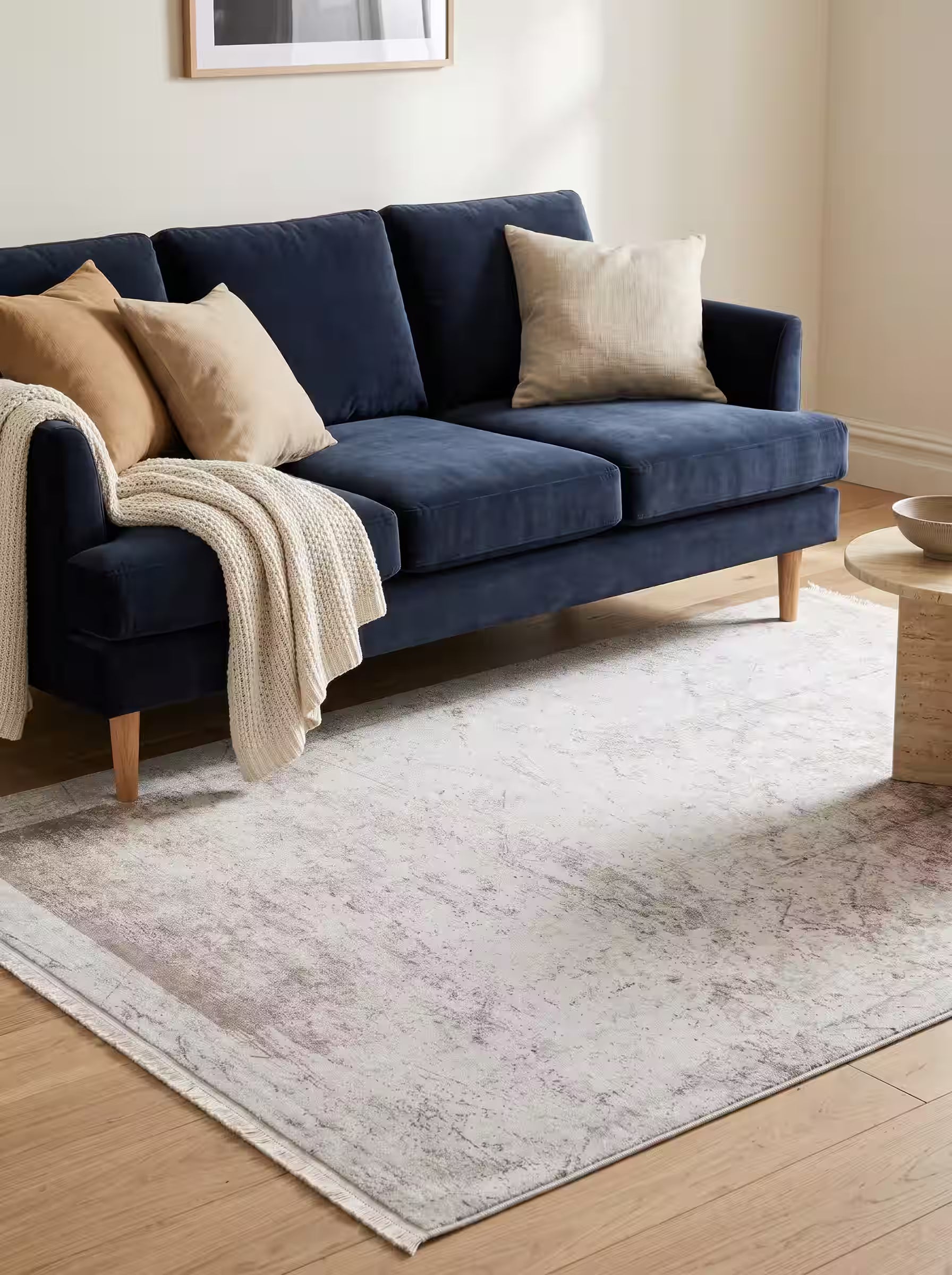 Ivory and light beige area rug paired with a navy velvet sofa in a modern living room