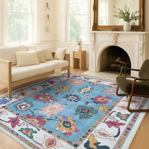 Living room with a colorful floral rug, white sofa, and fireplace. Oriental Rugs - Fame Rugs