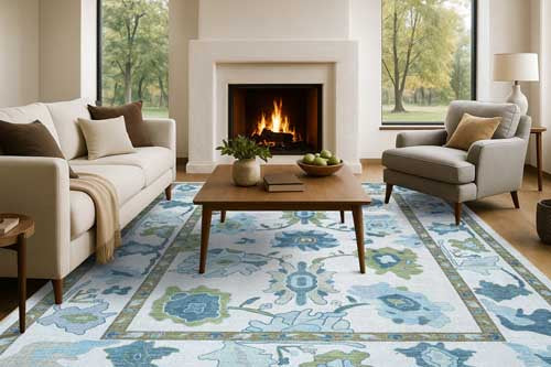 Living room with a fireplace, sofa, armchair, and decorative rug. Oushak Rugs - Fame Rugs.