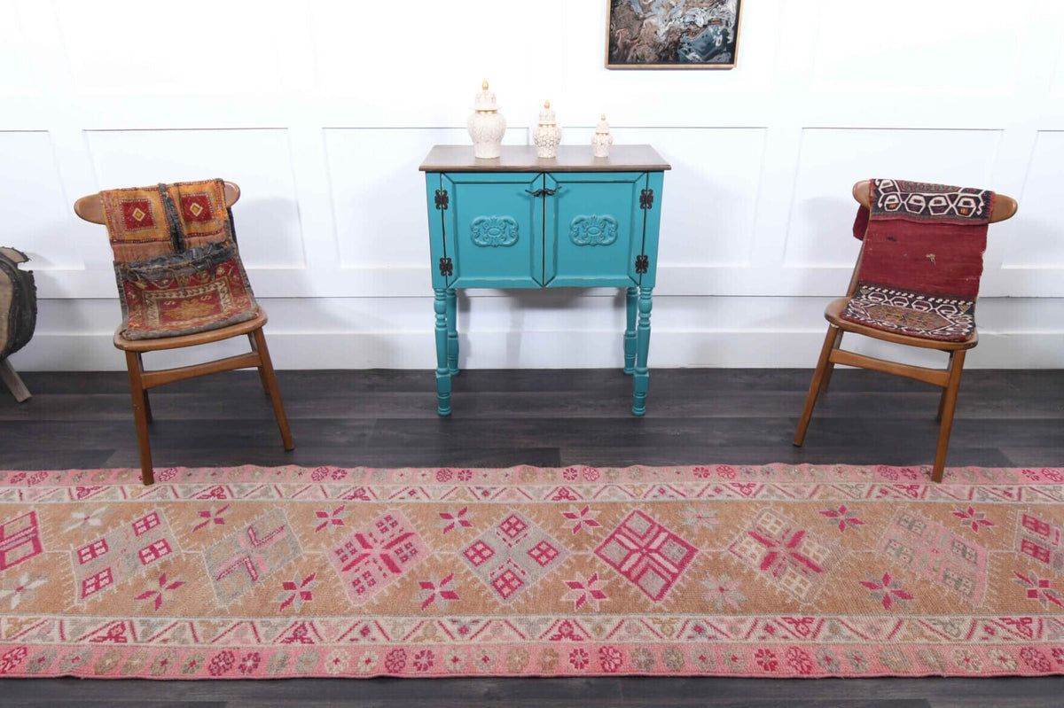 Mujganaz runner: 1970s handmade Anatolian runner with ikat motifs and cotton backing