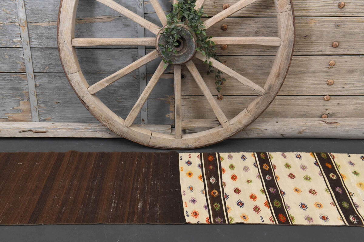 Sebefruz runner: 1960s handwoven flatweave Anatolian runner with ikat motifs