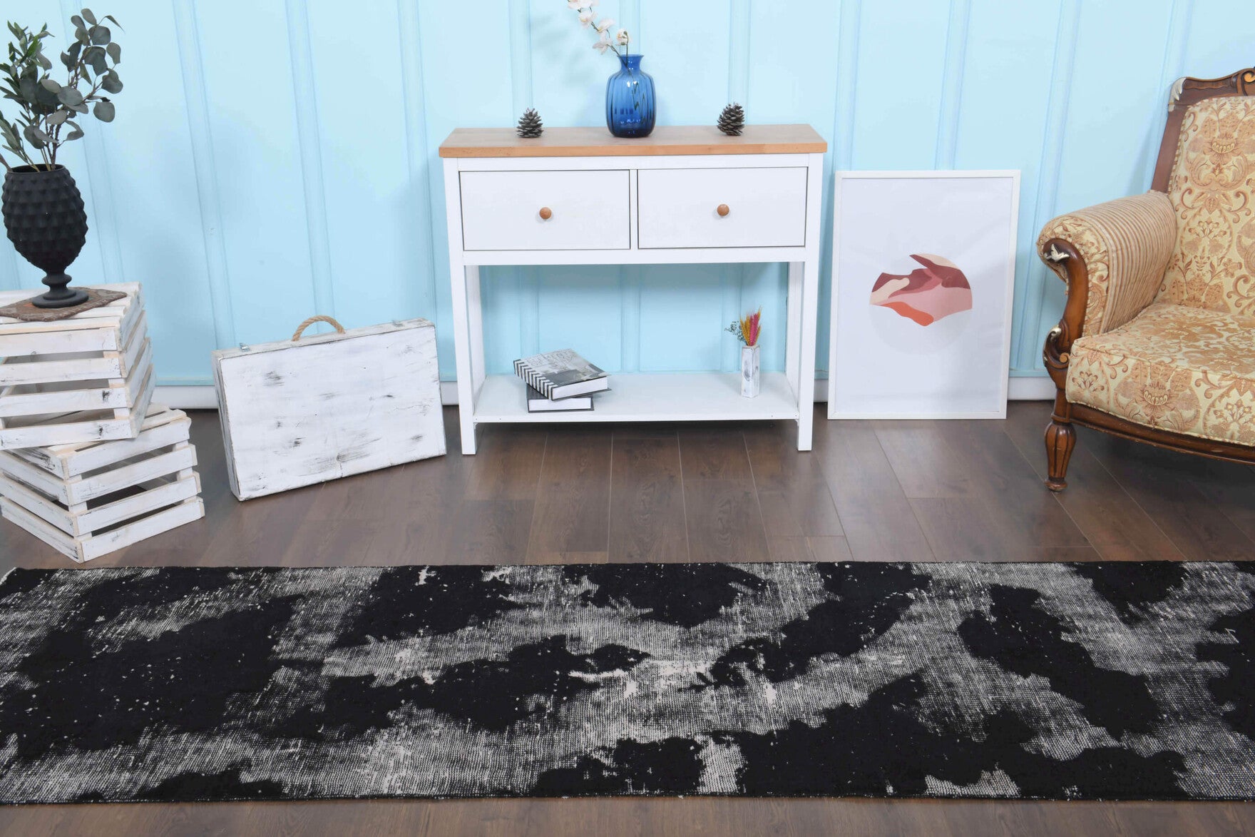 Distressed Black Anatolian  Runner Rug