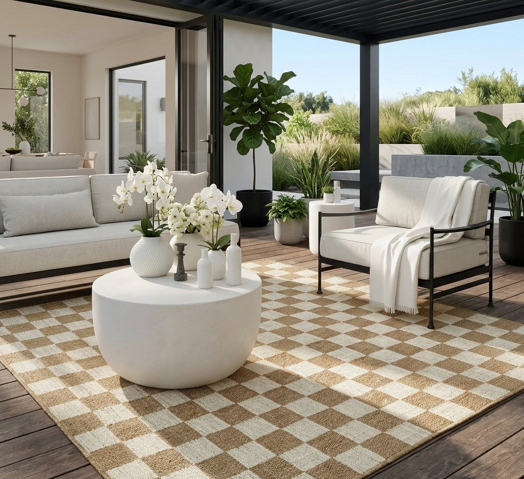 Modern Ivory & Sand Checkerboard Indoor/Outdoor Rug - Fame Rugs