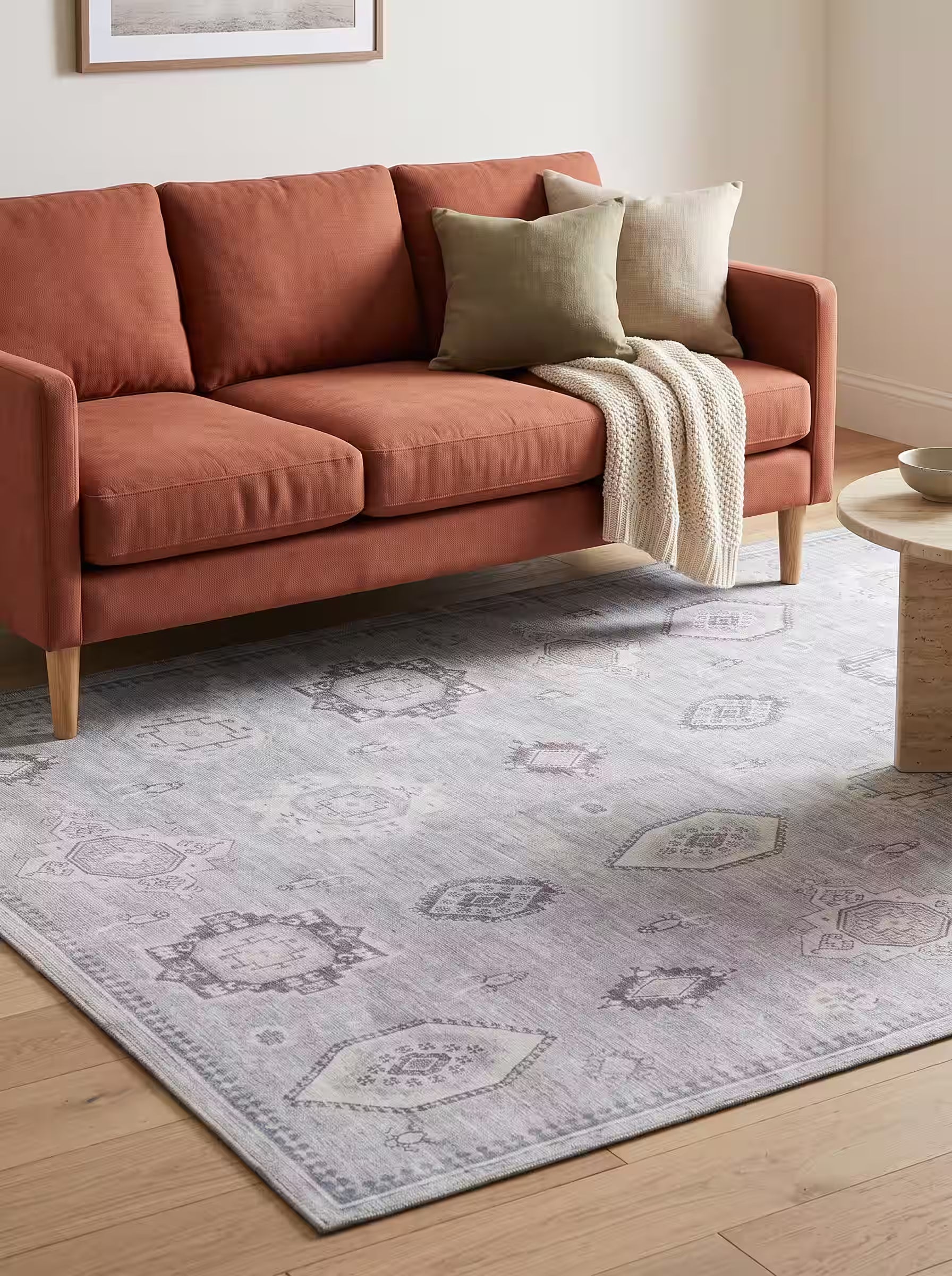 Cream and sand area rug paired with a terracotta sofa in a modern living room