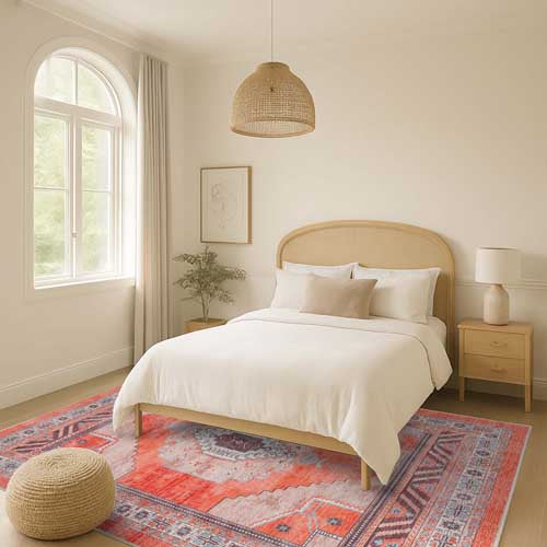 Neatly made bed in a bedroom with a colorful rug and decorative elements. Turkish Rugs - Fame Rugs.