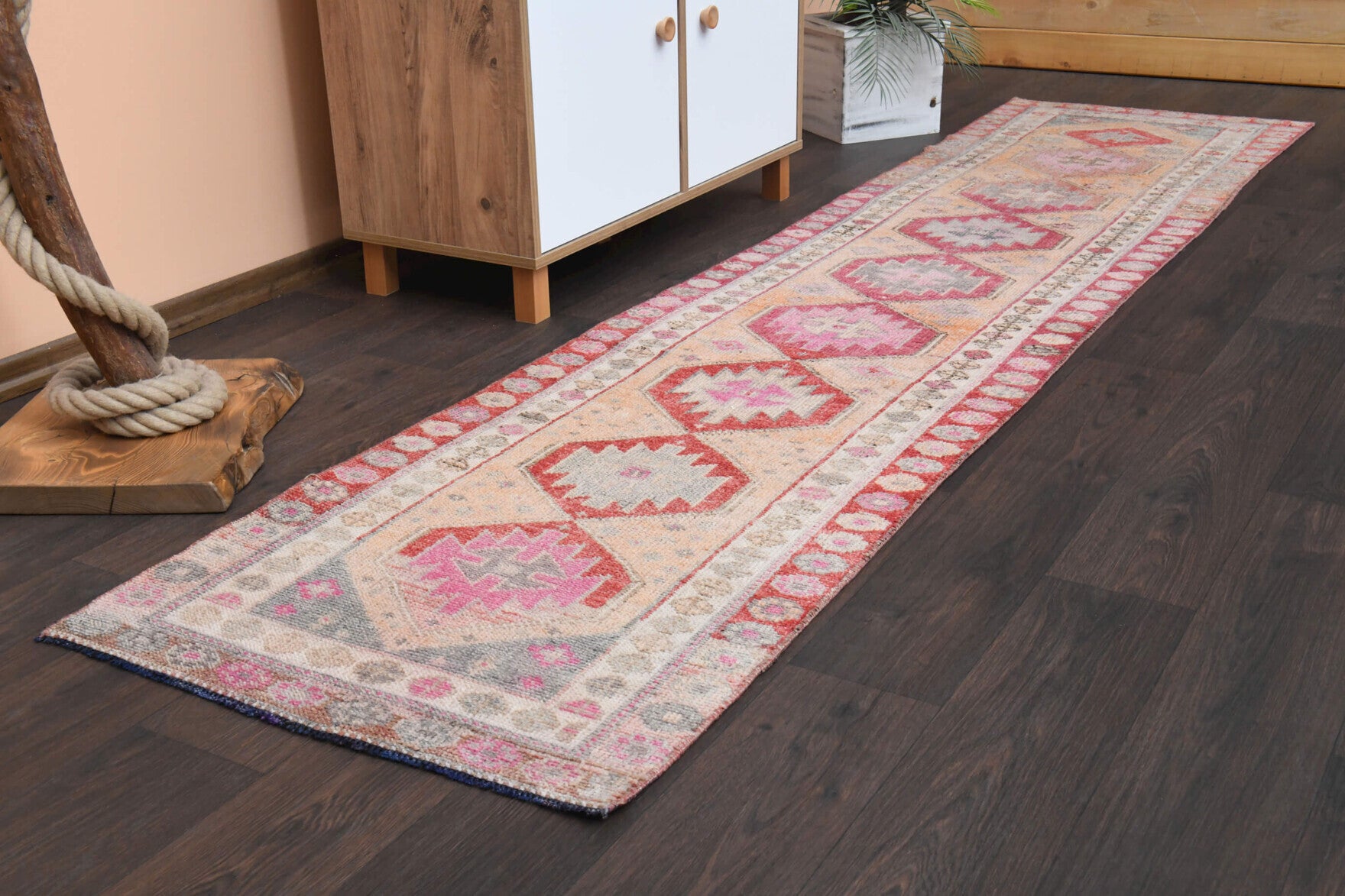 Peach &  Red - Turkish Runner Rug