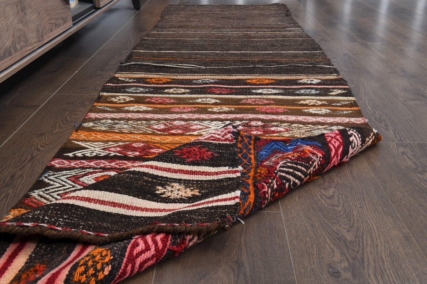 Kyrikleia kilim: 1960s handwoven flatweave Anatolian kilim with striped motifs