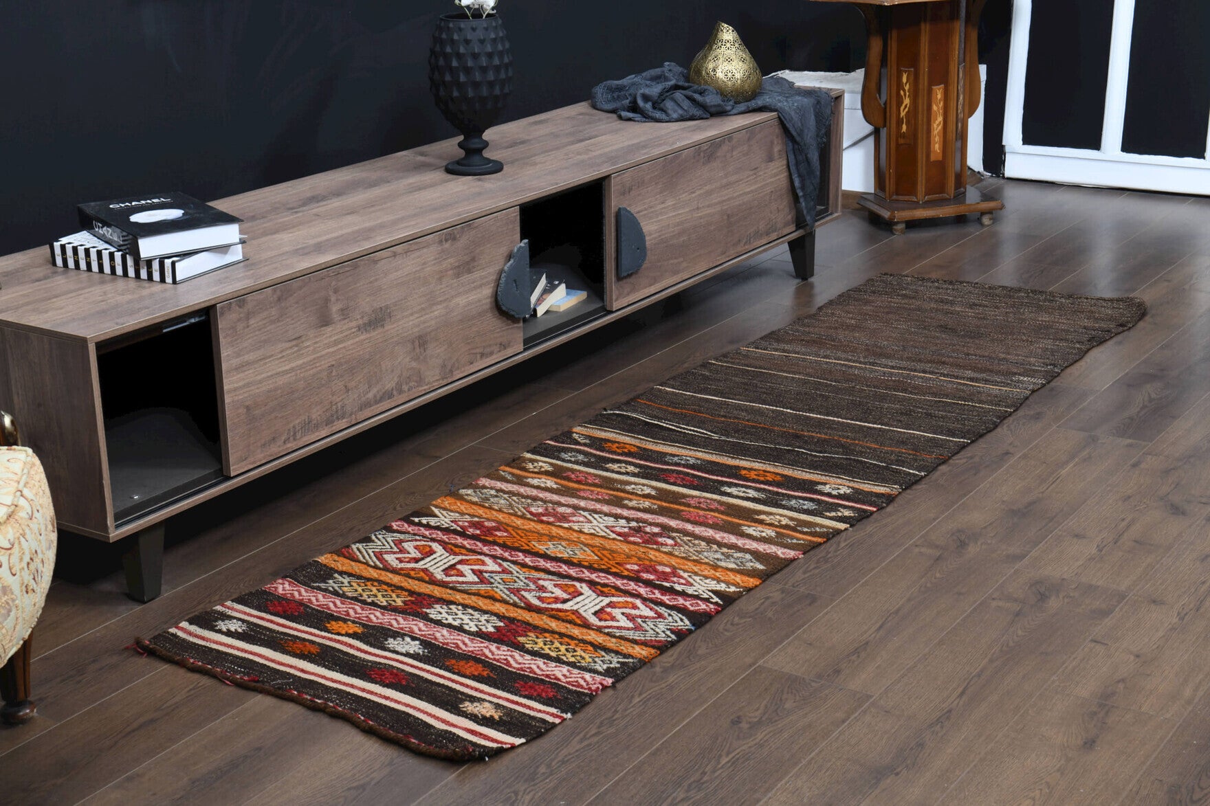 72x258 cm vintage Anatolian kilim rug – Kyrikleia, flatweave, wool