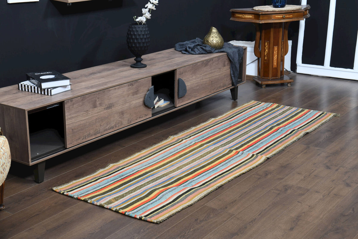 Kydorhoe kilim: 1960s handwoven flatweave Anatolian kilim with striped motifs