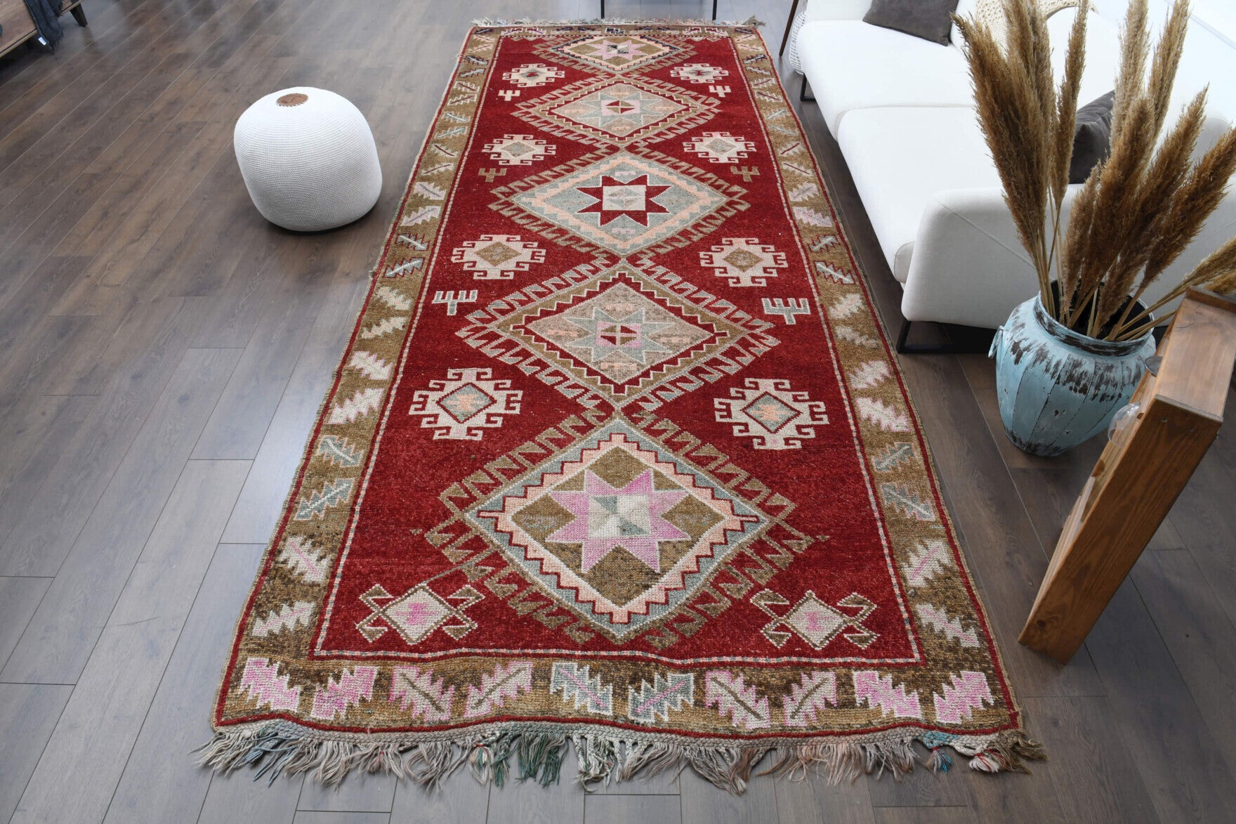 Wide Long Red Turkish Oushak Runner Rug