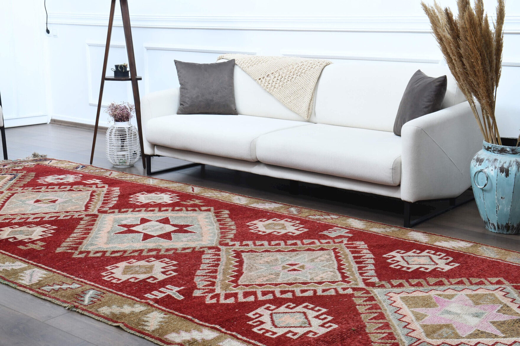 Wide Long Red Turkish Oushak Runner Rug