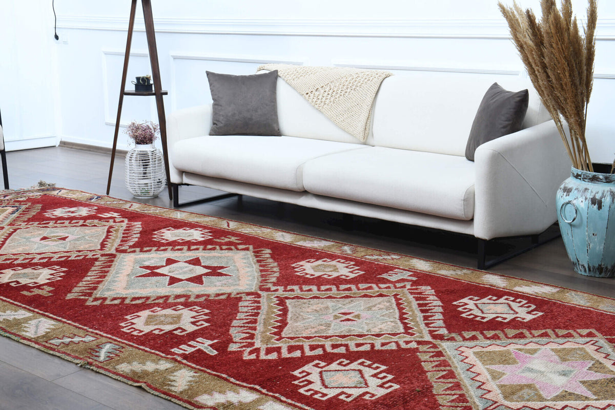 Wide Long Red Turkish Oushak Runner Rug