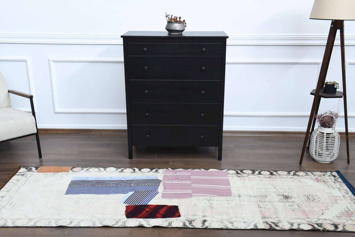 88x280 cm vintage patchwork Anatolian runner rug – Hazansad, low pile, wool