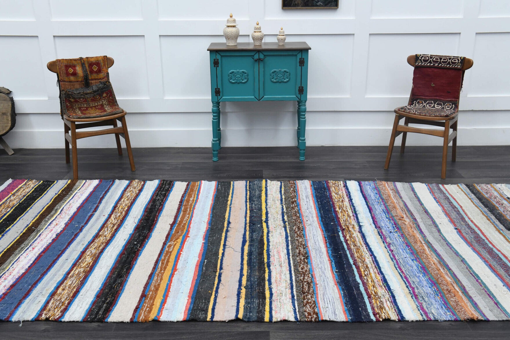 Colorful Striped Vintage Kilim Organic Kids Room Rug