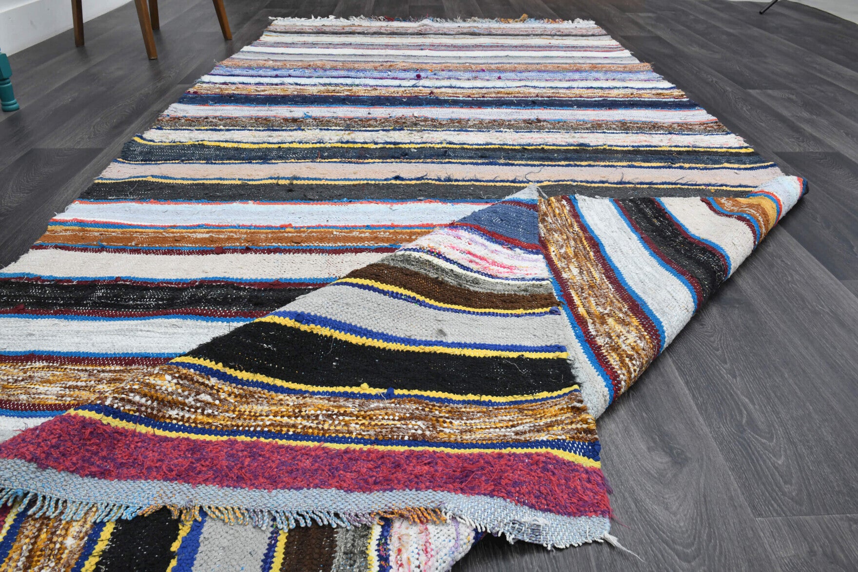 Colorful Striped Vintage Kilim Organic Kids Room Rug