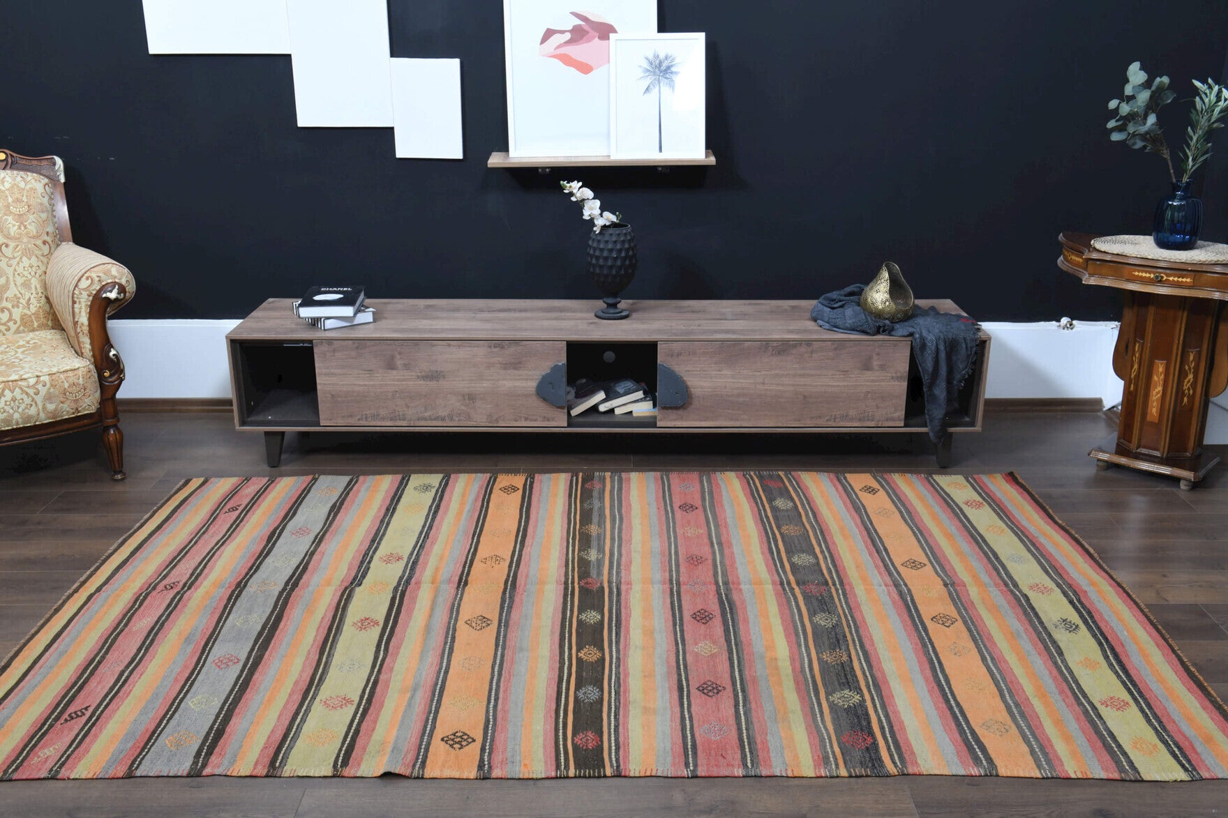 Handwoven flatweave wool kilim from Anatolia, Turkey – Colorful Vintage Kilim Area Rug 5'5" x 9'2"
