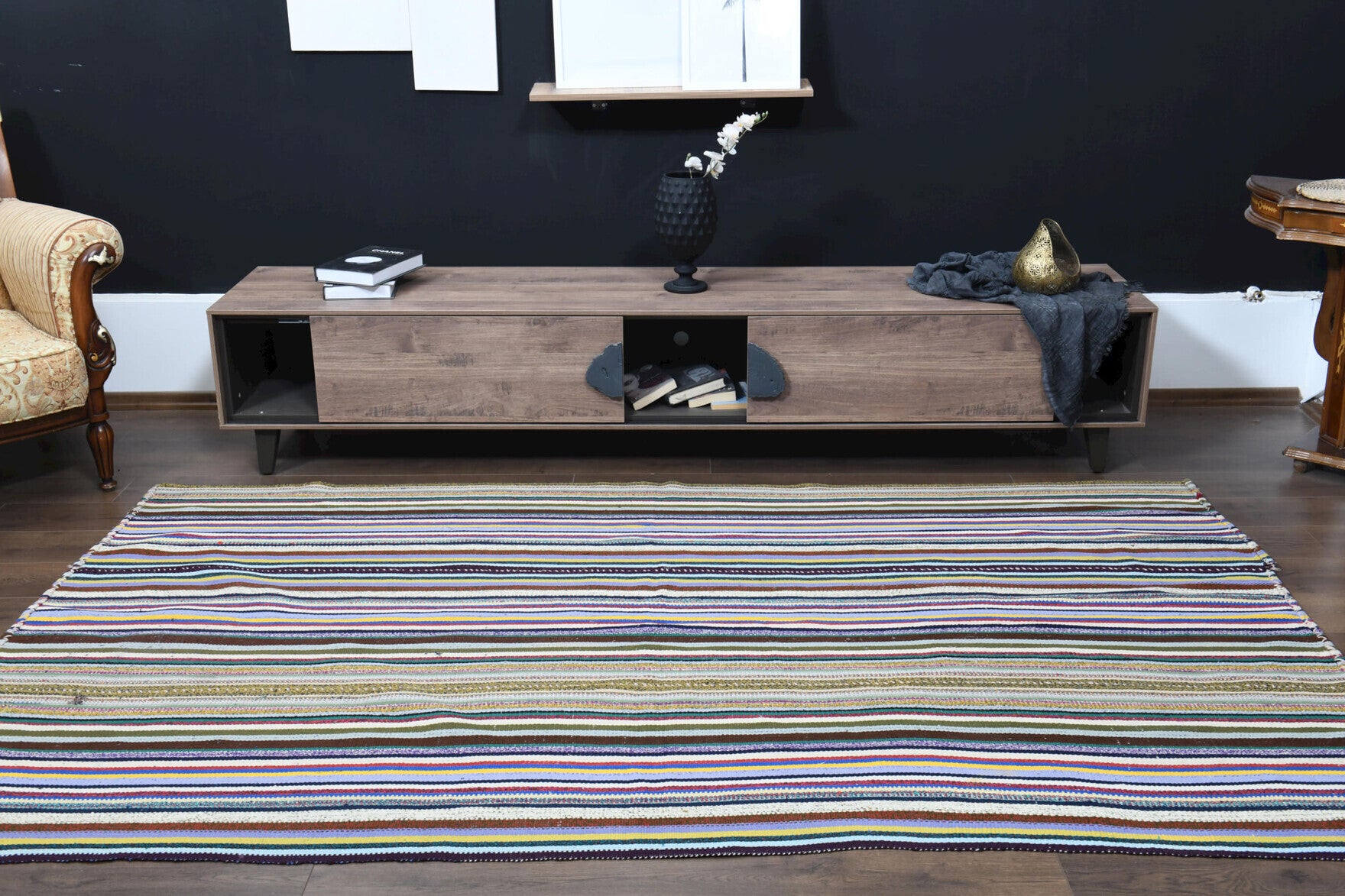 Philodoxe kilim: 1960s handwoven flatweave Anatolian kilim with striped motifs
