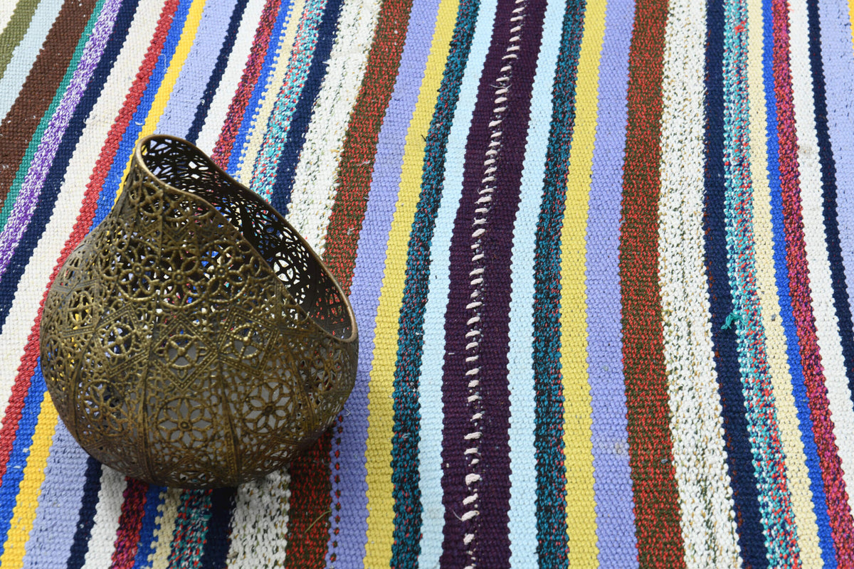 Authentic Anatolian vintage kilim rug (1960s) with striped design – one-of-a-kind at Fame Rugs