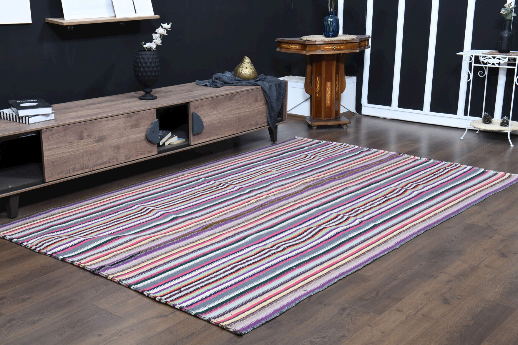 Neso kilim: 1960s handwoven flatweave Anatolian kilim with striped motifs