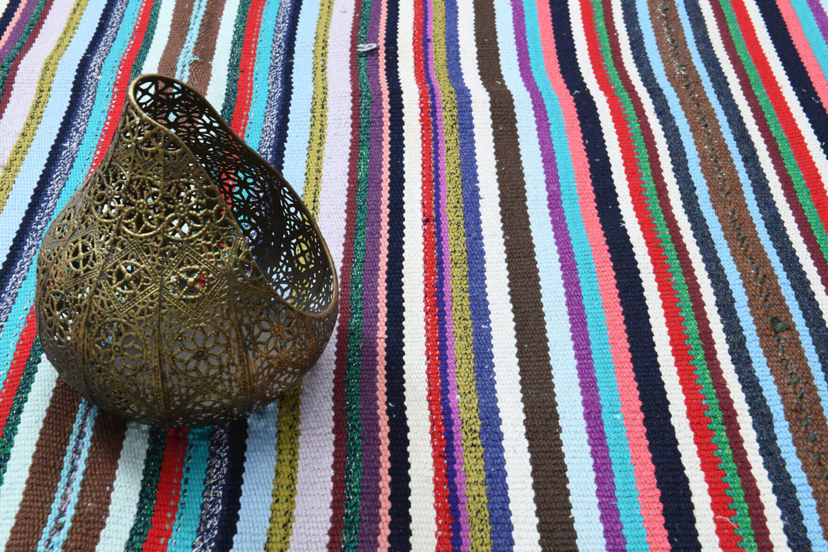 Authentic Anatolian vintage kilim rug (1960s) with striped design – one-of-a-kind at Fame Rugs