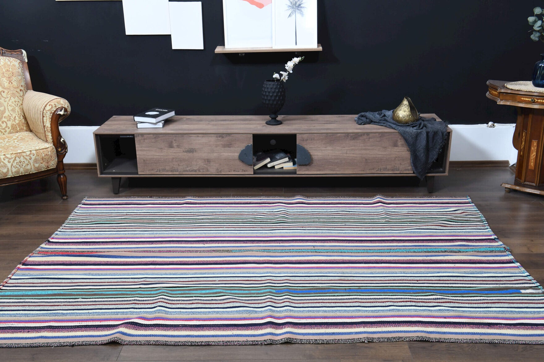 Stenocharis kilim: 1960s handwoven flatweave Anatolian kilim with striped motifs