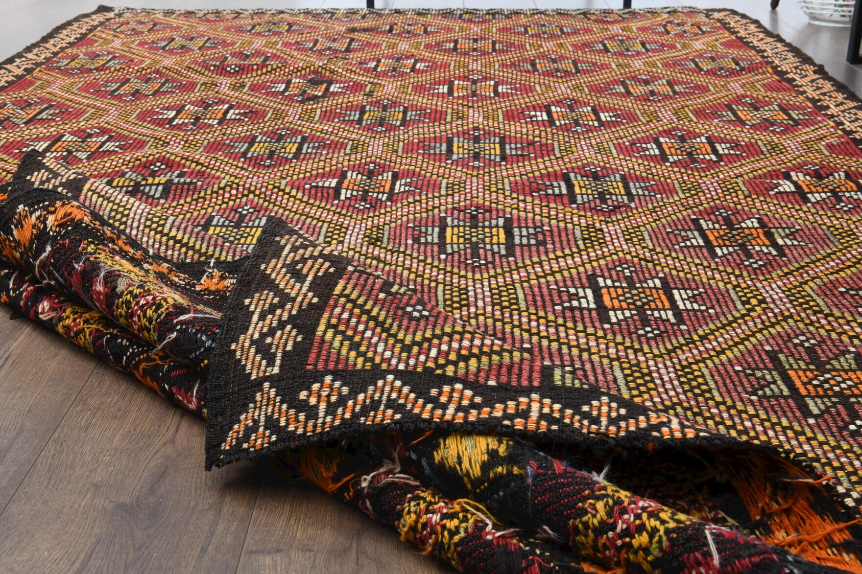 Delphikrateia kilim: 1960s handwoven flatweave Anatolian kilim with ikat motifs