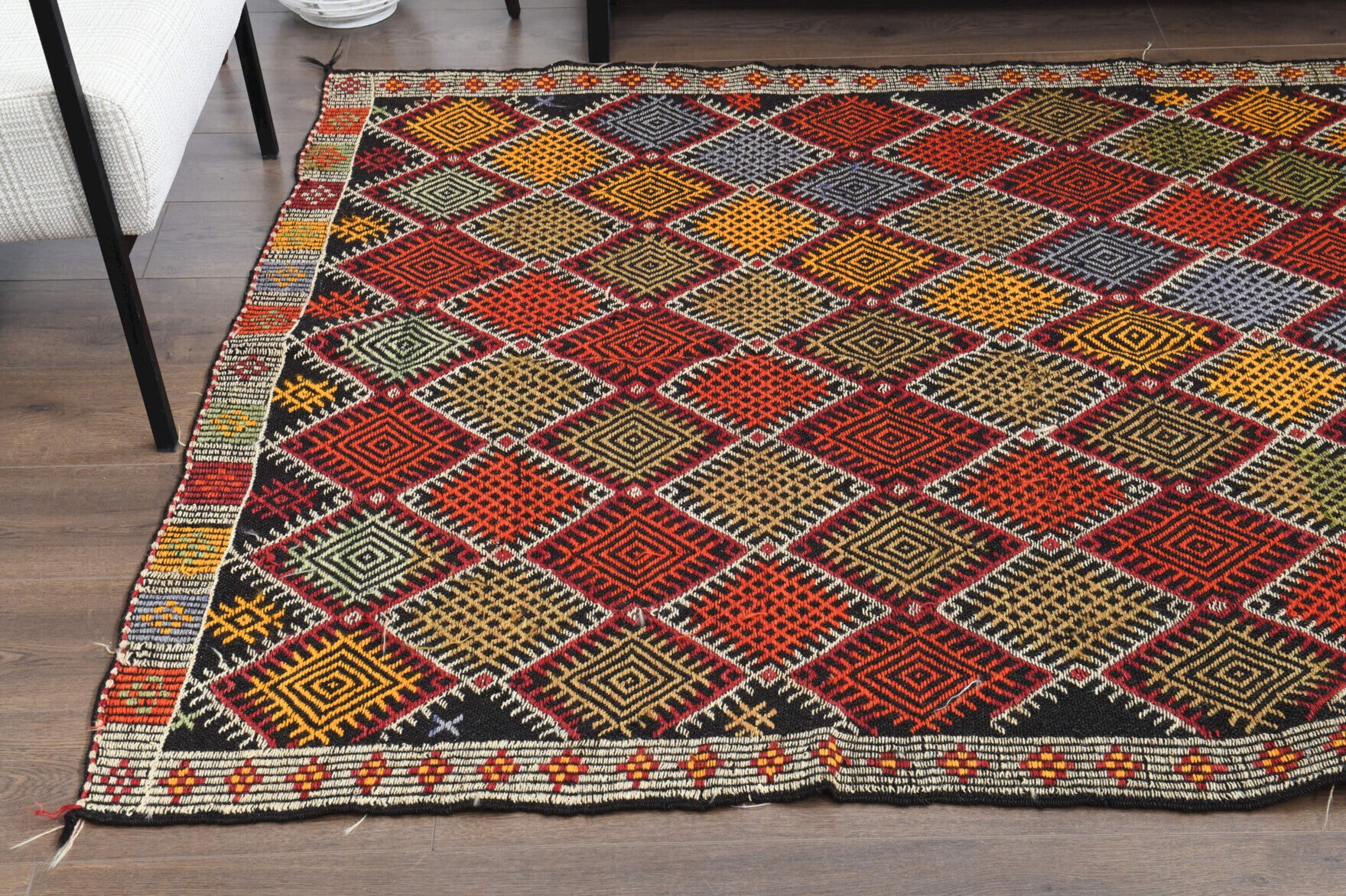 Meltemsel kilim: 1960s handwoven flatweave Anatolian kilim with ikat motifs
