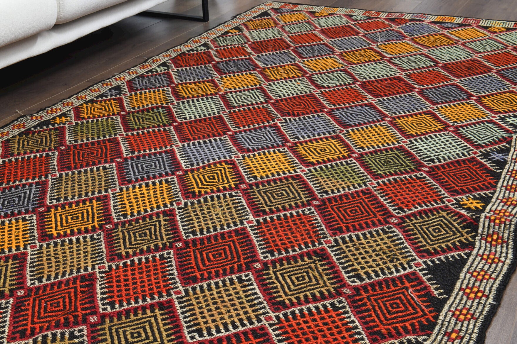 Authentic Anatolian vintage kilim rug (1960s) with ikat design – one-of-a-kind at Fame Rugs