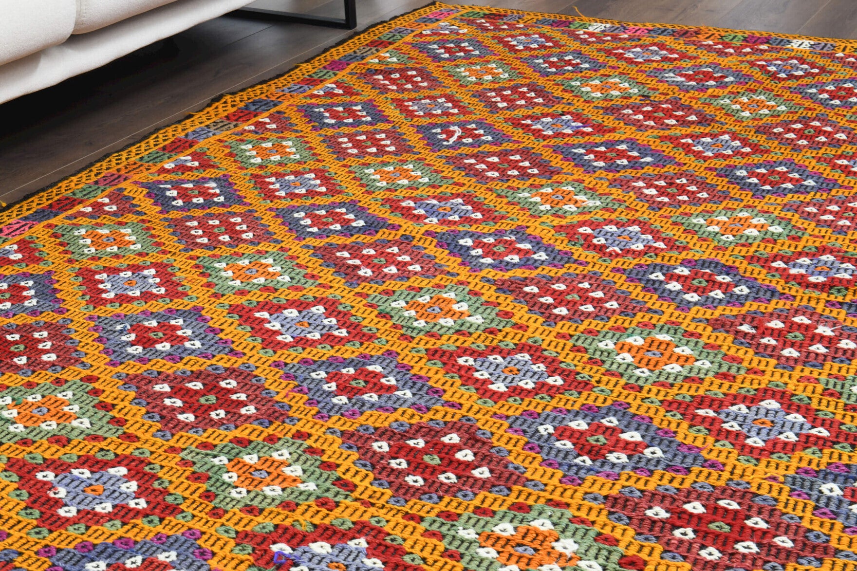Sultanur kilim: 1960s handwoven flatweave Anatolian kilim with ikat motifs