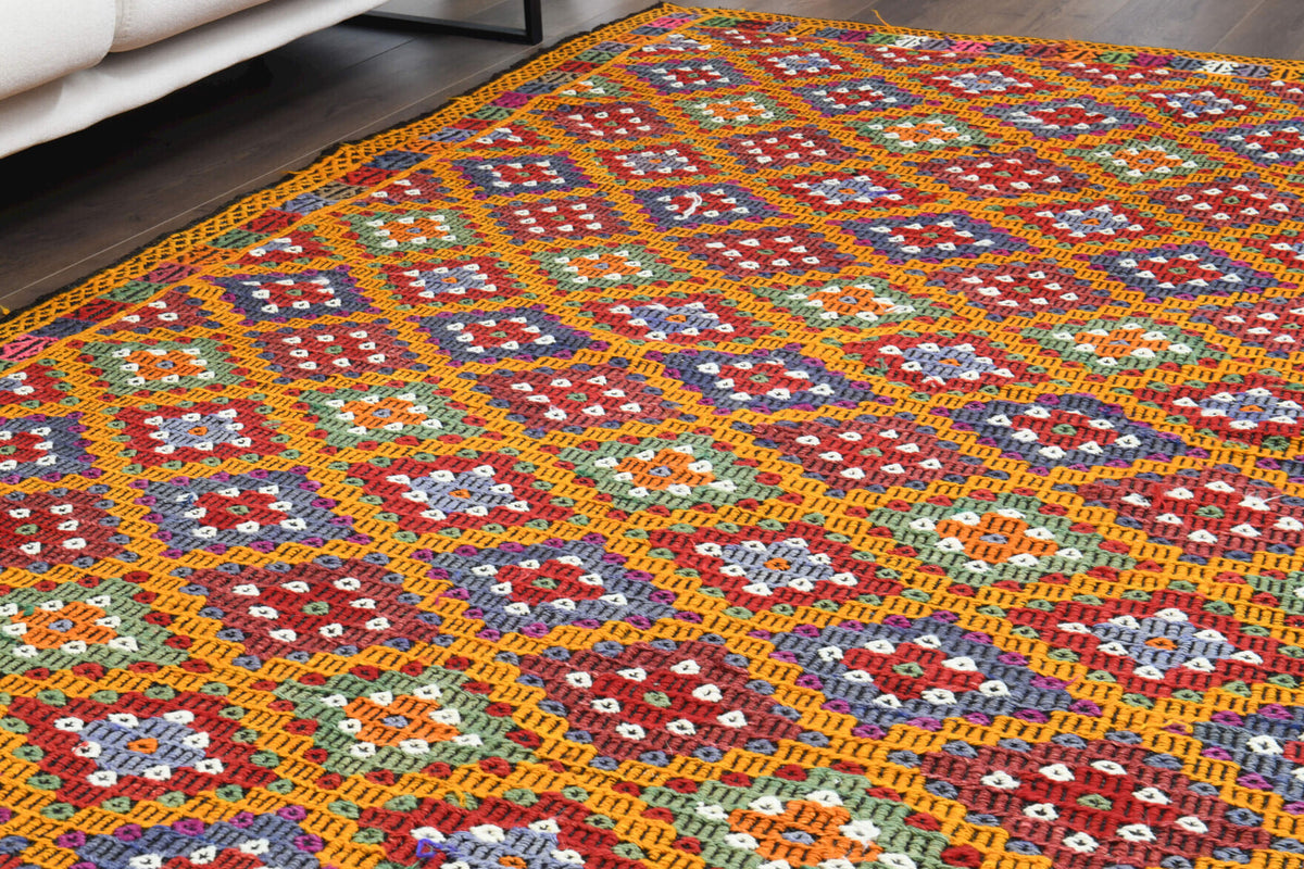Sultanur kilim: 1960s handwoven flatweave Anatolian kilim with ikat motifs