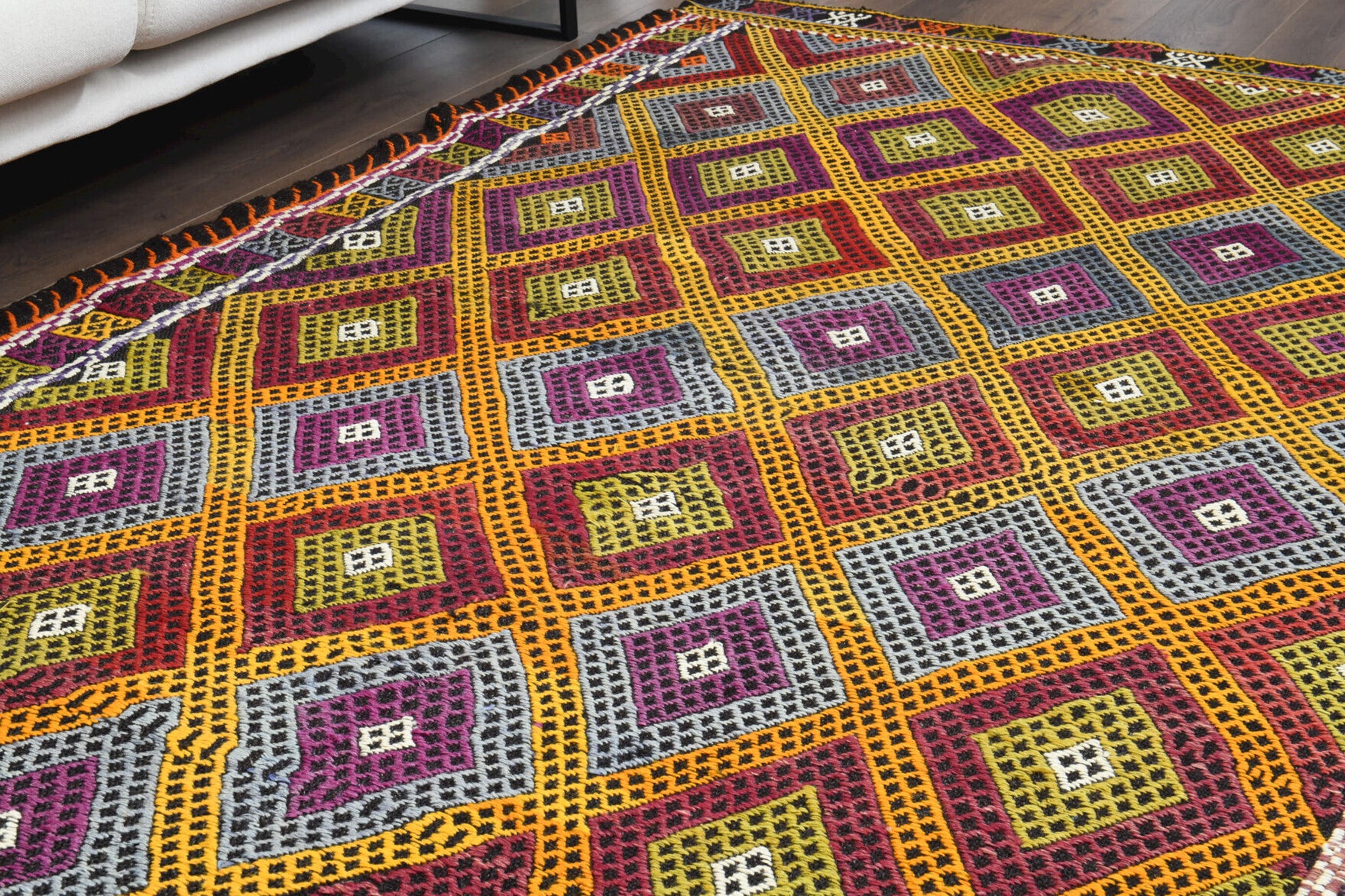 Sudenaz kilim: 1960s handwoven flatweave Anatolian kilim with ikat motifs