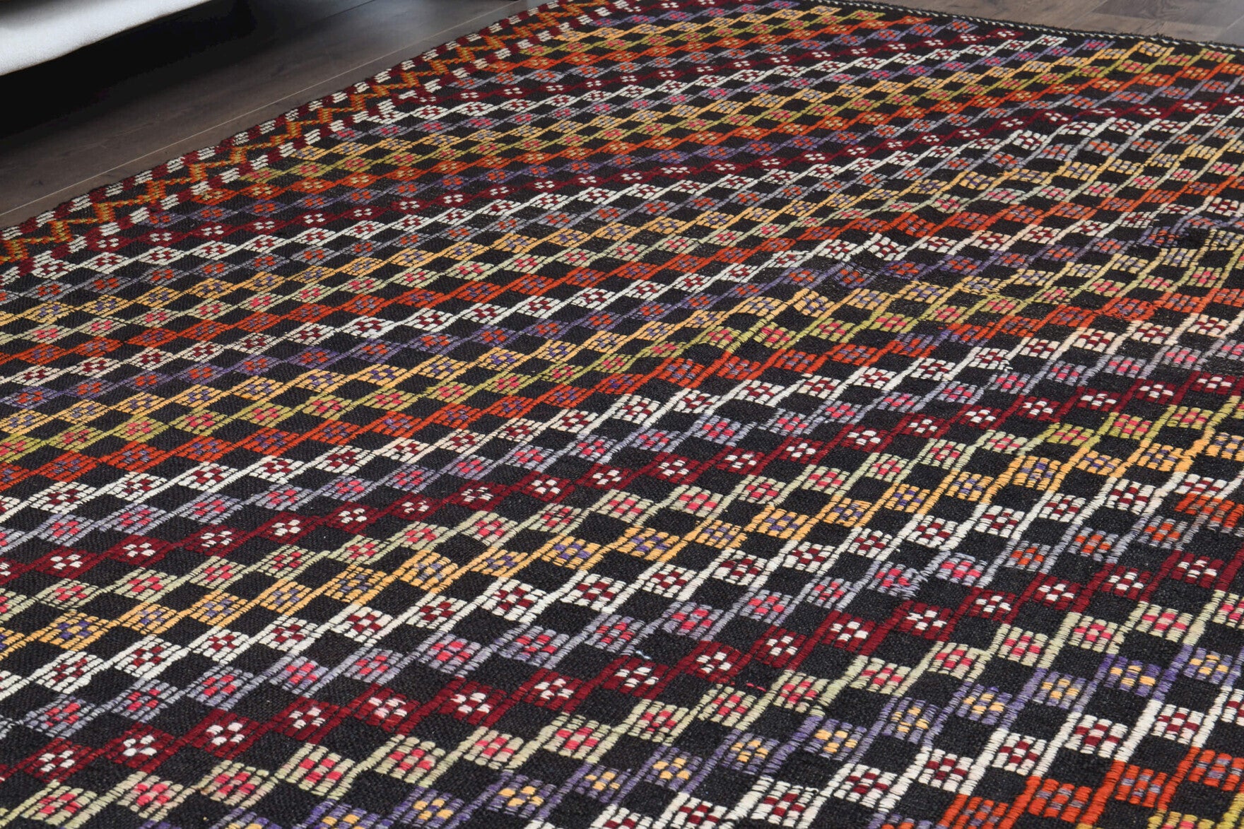 Rukiye kilim: 1960s handwoven flatweave Anatolian kilim with ikat motifs