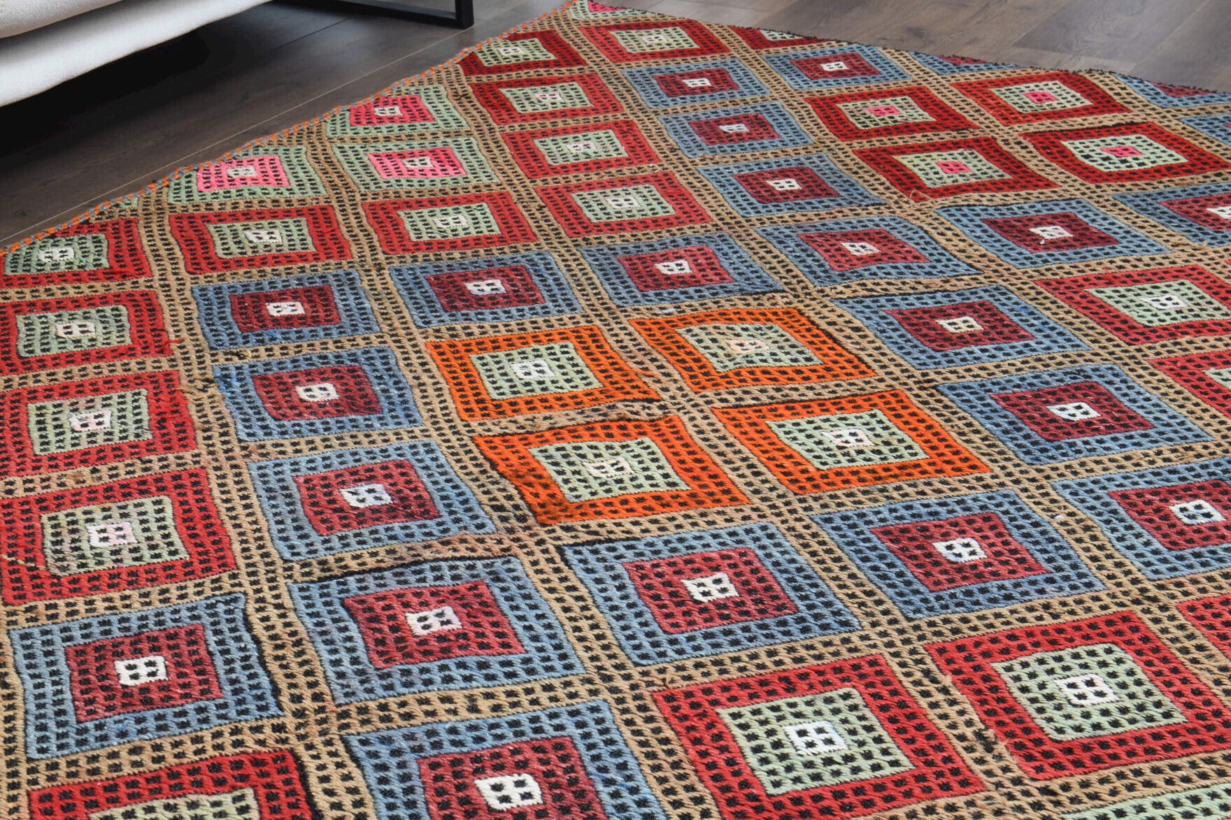 Yakutlale kilim: 1960s handwoven flatweave Anatolian kilim with ikat motifs