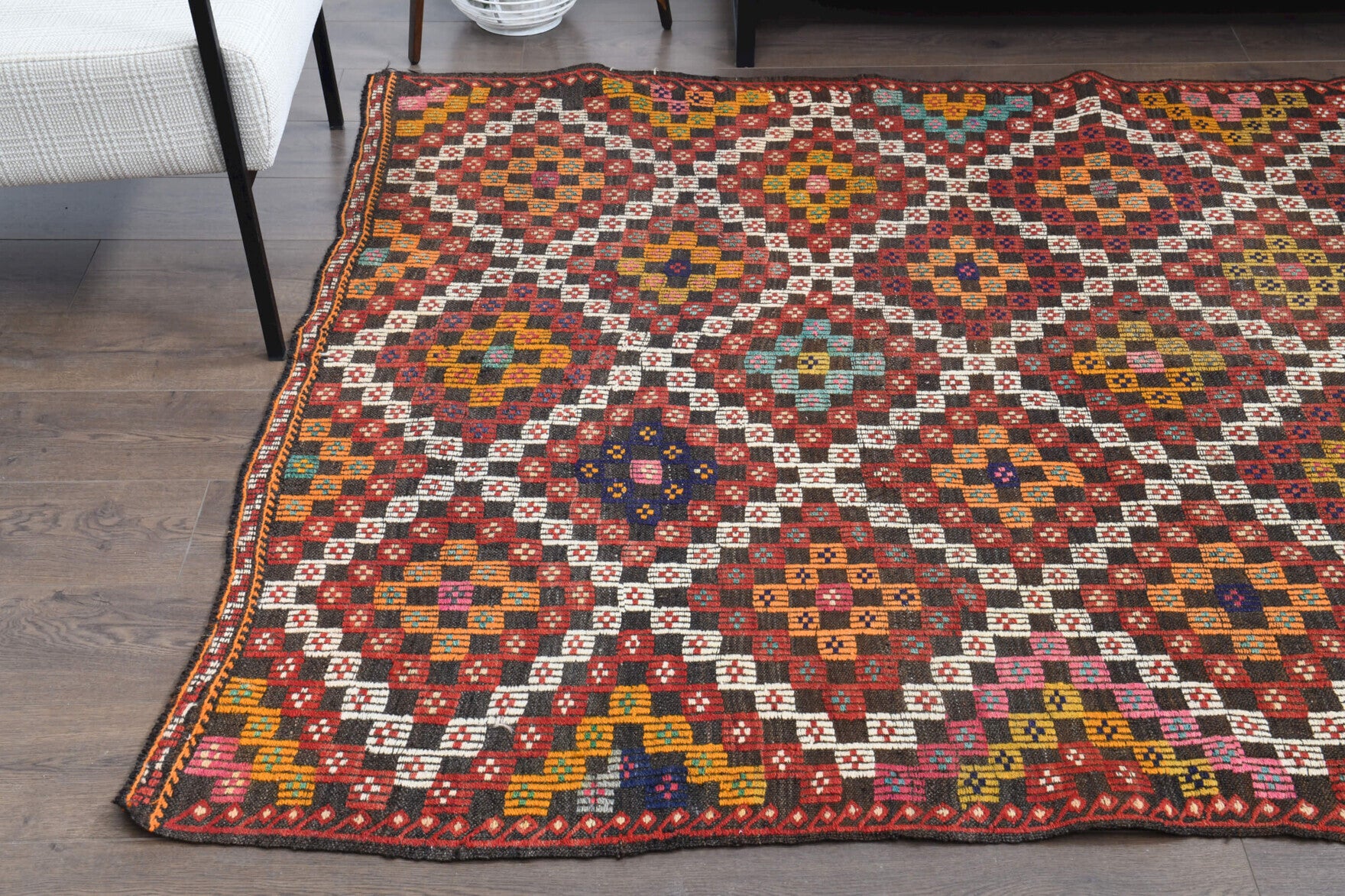 Simgenaz kilim: 1960s handwoven flatweave Anatolian kilim with ikat motifs