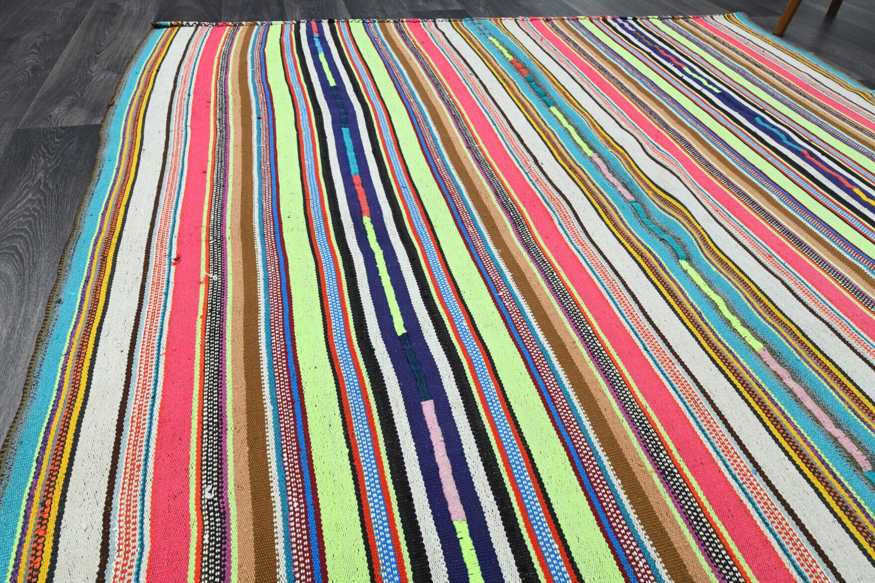 Alevbike kilim: 1960s handwoven flatweave Anatolian kilim with striped motifs