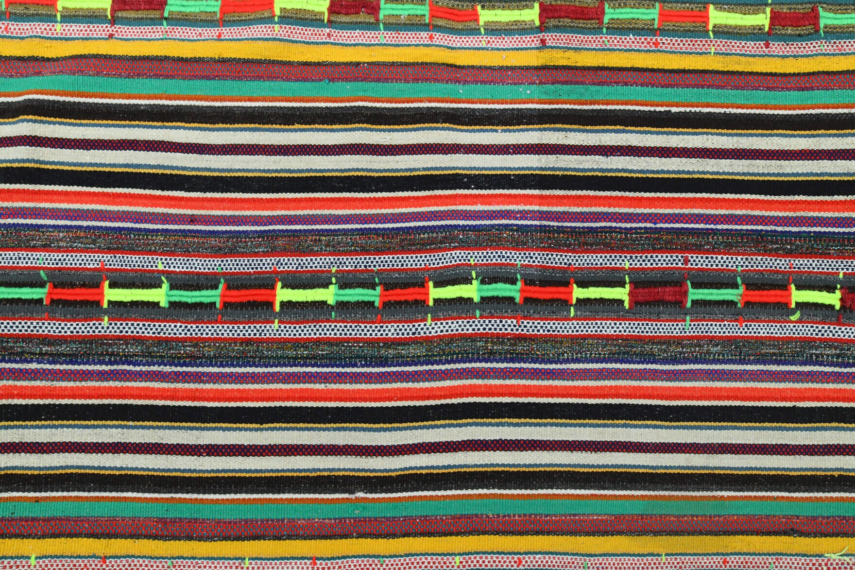 Argyrophone kilim: 1960s handwoven flatweave Anatolian kilim with striped motifs