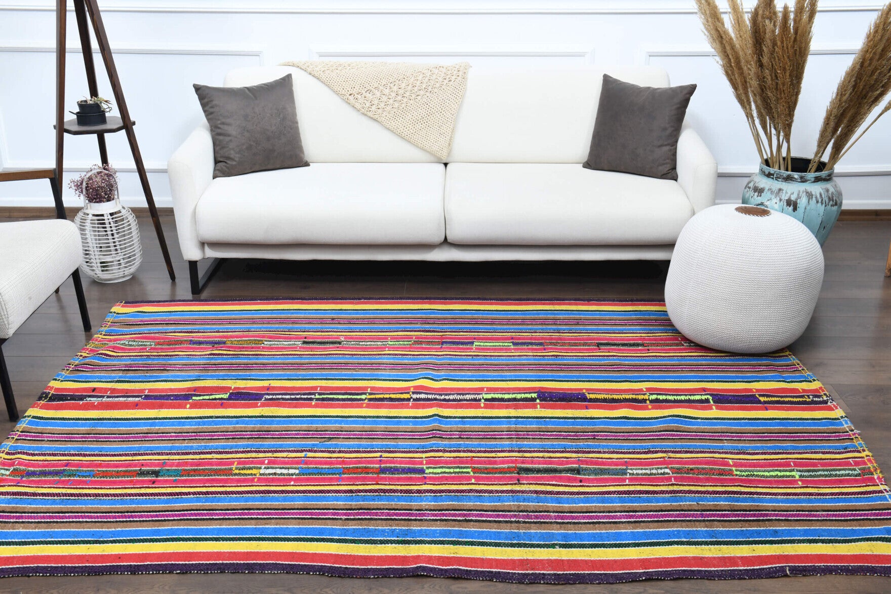 Authentic Anatolian vintage kilim rug (1960s) with striped design – one-of-a-kind at Fame Rugs