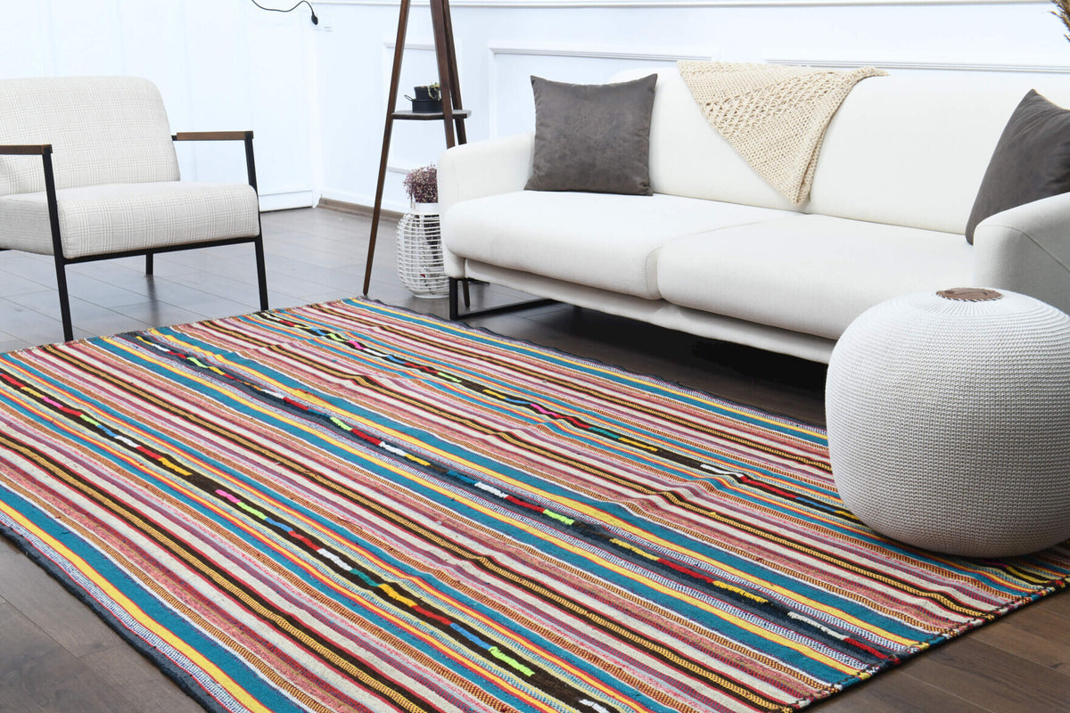 Authentic Anatolian vintage kilim rug (1960s) with striped design – one-of-a-kind at Fame Rugs
