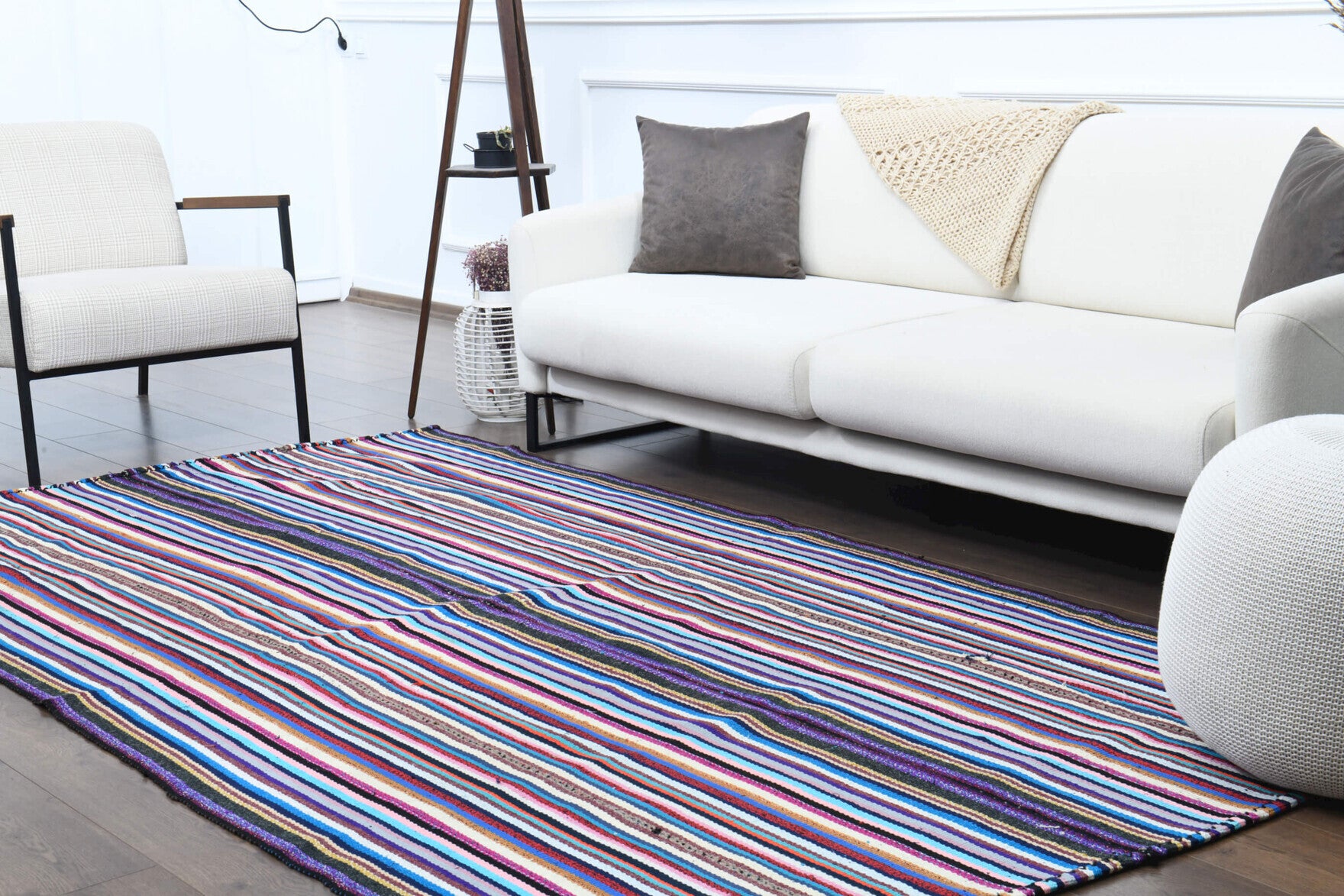 Glaucophora kilim: 1960s handwoven flatweave Anatolian kilim with striped motifs