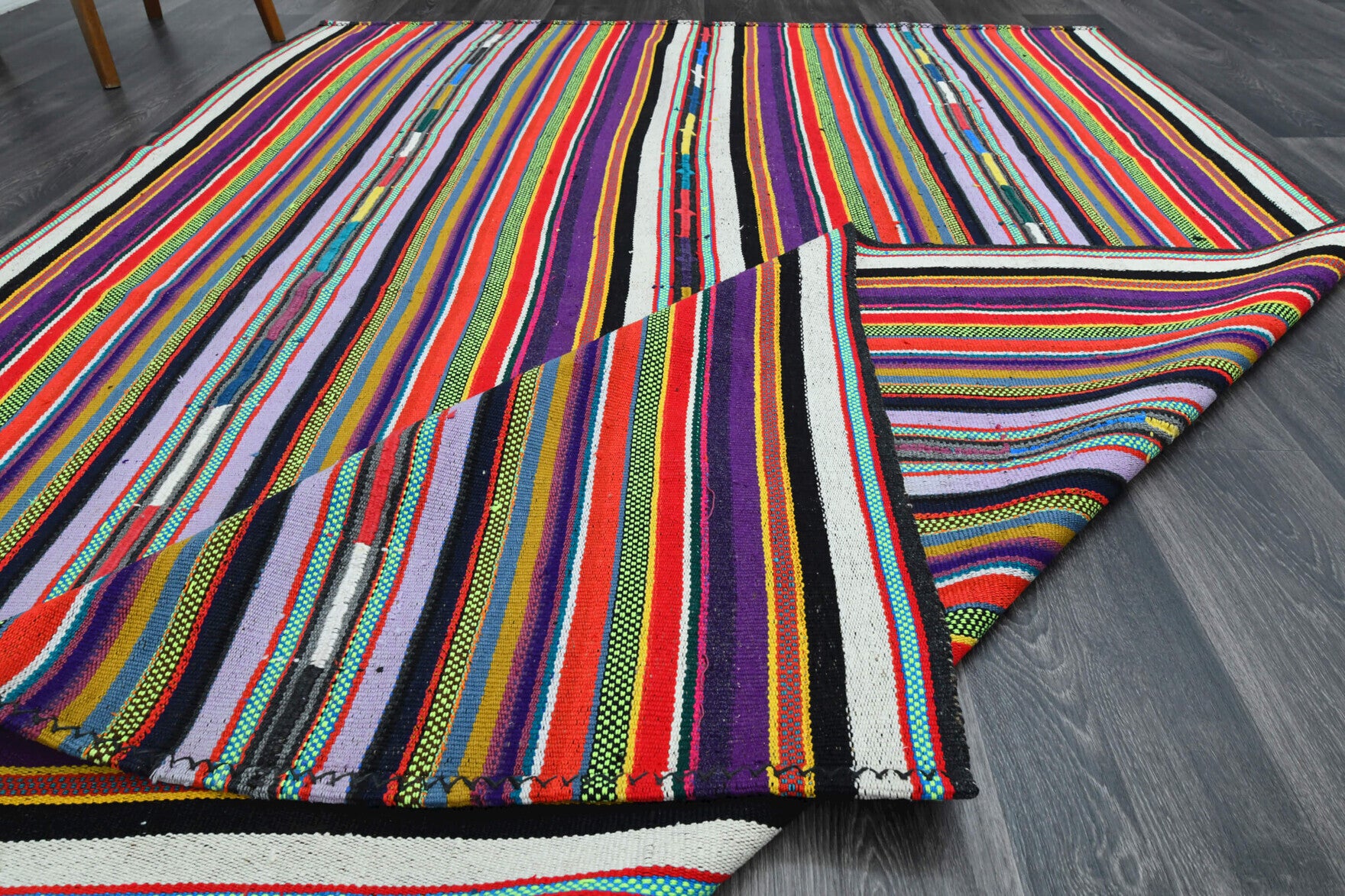 Authentic Anatolian vintage kilim rug (1960s) with striped design – one-of-a-kind at Fame Rugs