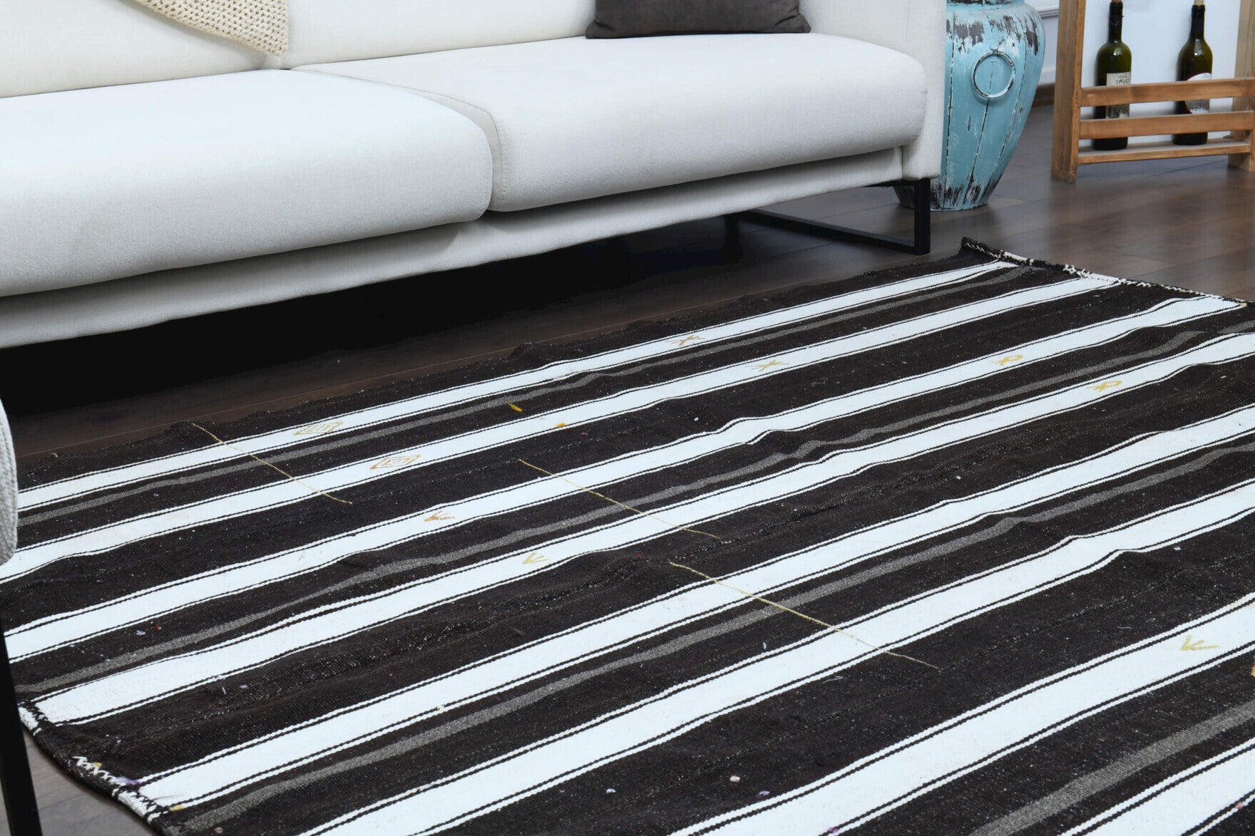 Yelizlale kilim: 1960s handwoven flatweave Anatolian kilim with striped motifs