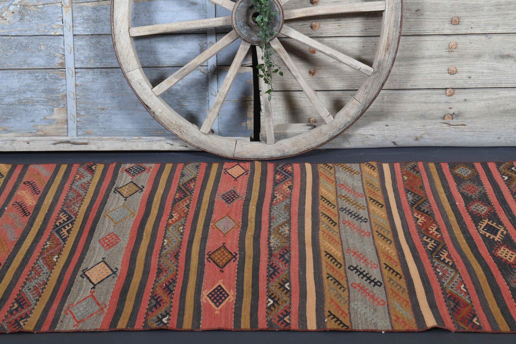 Mehcihan kilim: 1960s handwoven flatweave Anatolian kilim with ikat motifs