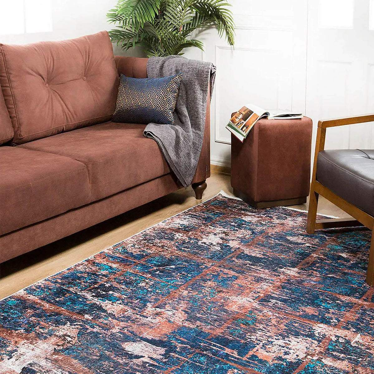 Lenora Abstract Modern Navy Blue Brown Luxury Home Rug – Fame Rugs