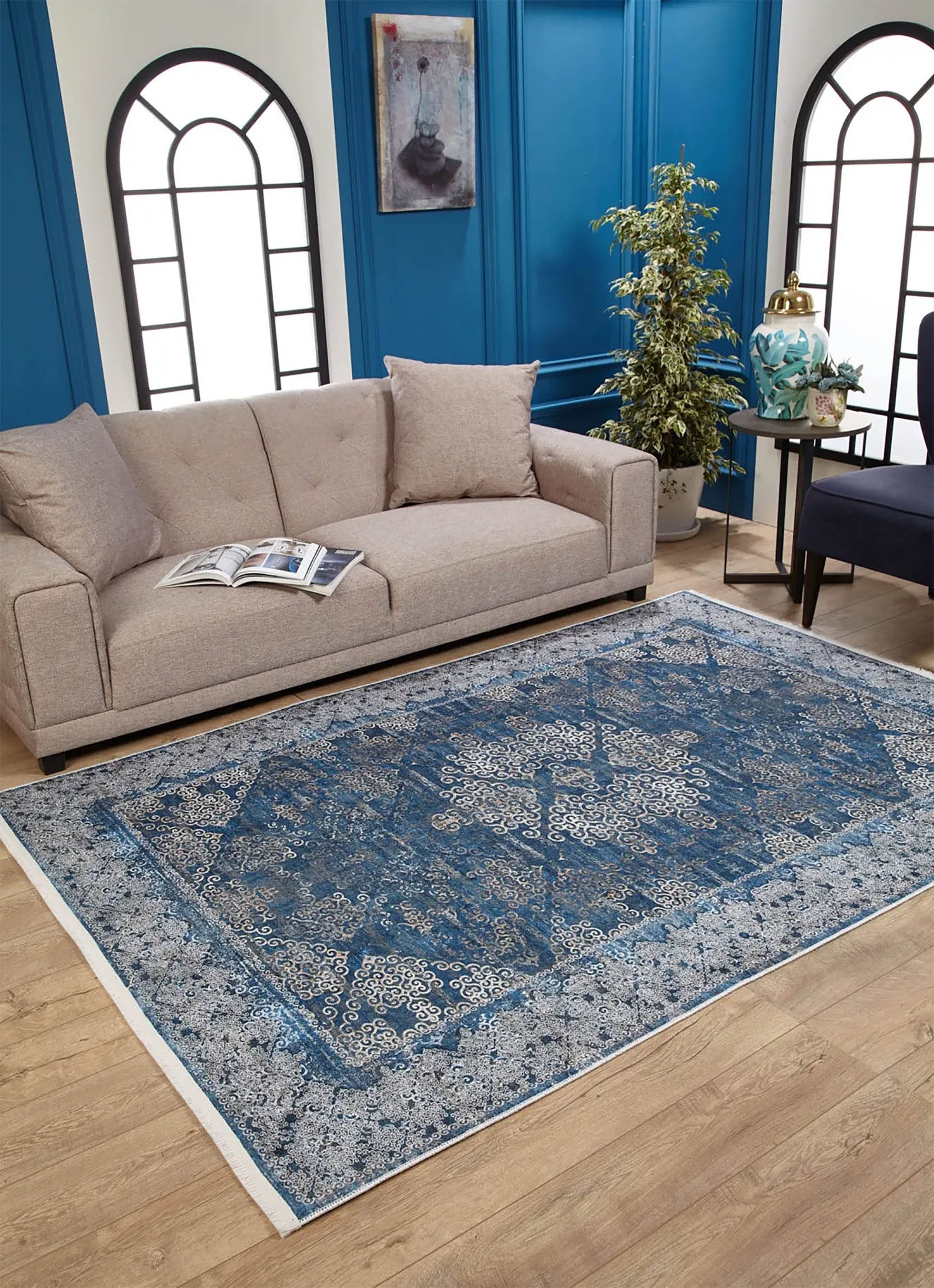 Hannah Turkish Floral Vintage Medallion Geometric Blue Rug
