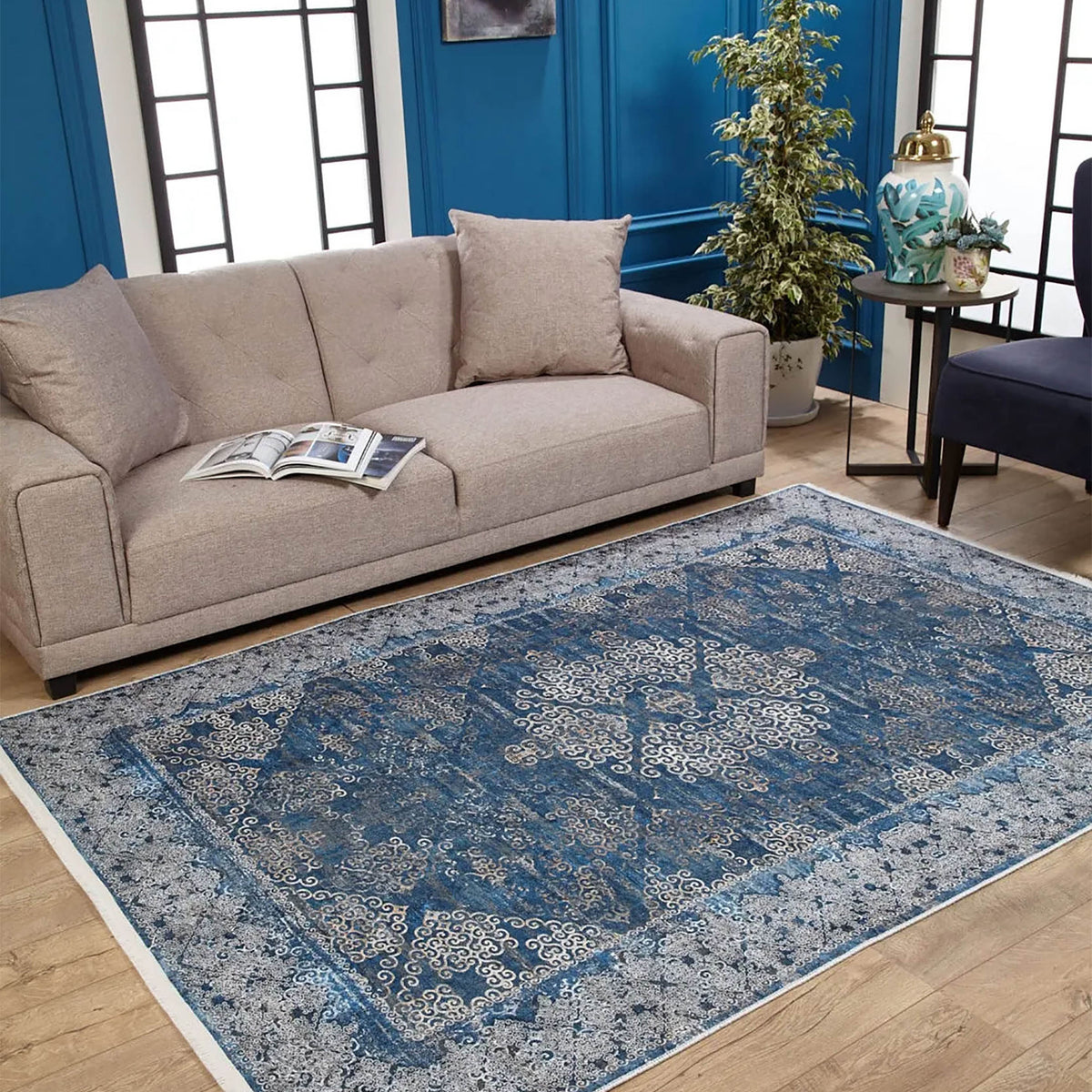 Hannah Turkish Floral Vintage Medallion Geometric Blue Rug – Fame Rugs
