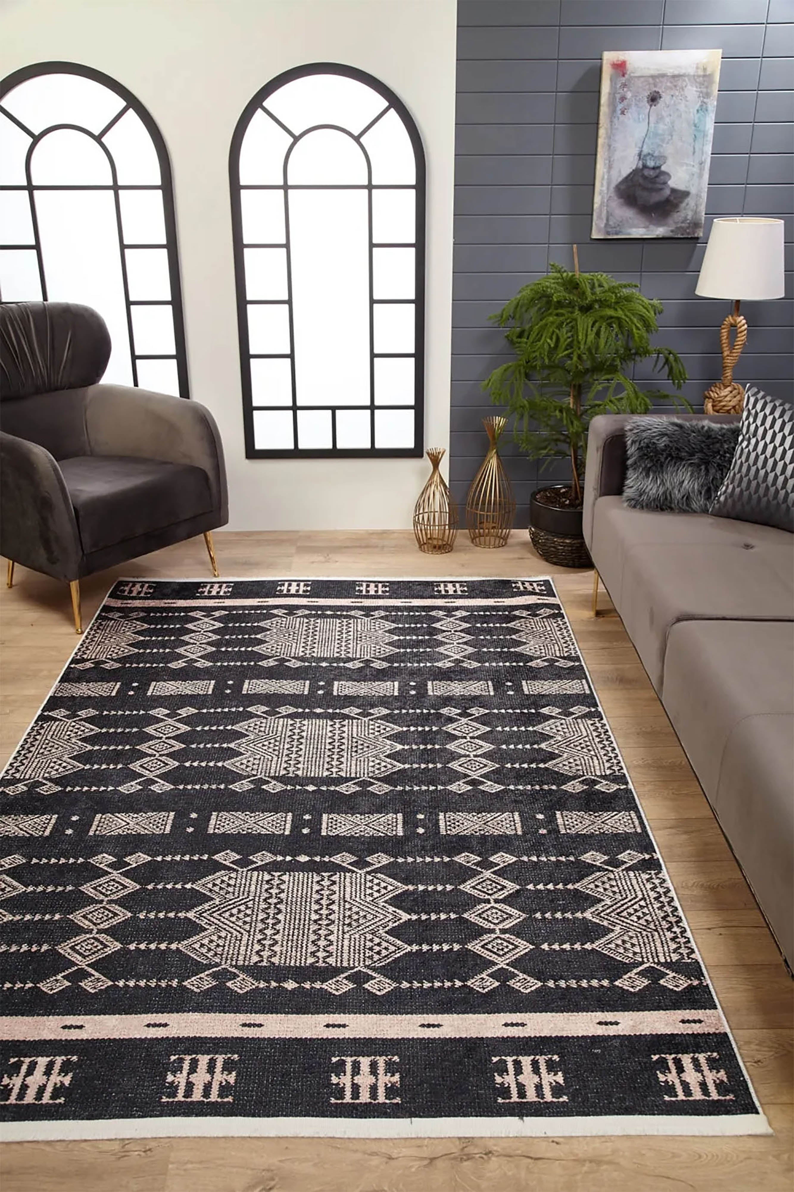 Dream Bohemian Geometric Turkish Kilim Black Rug