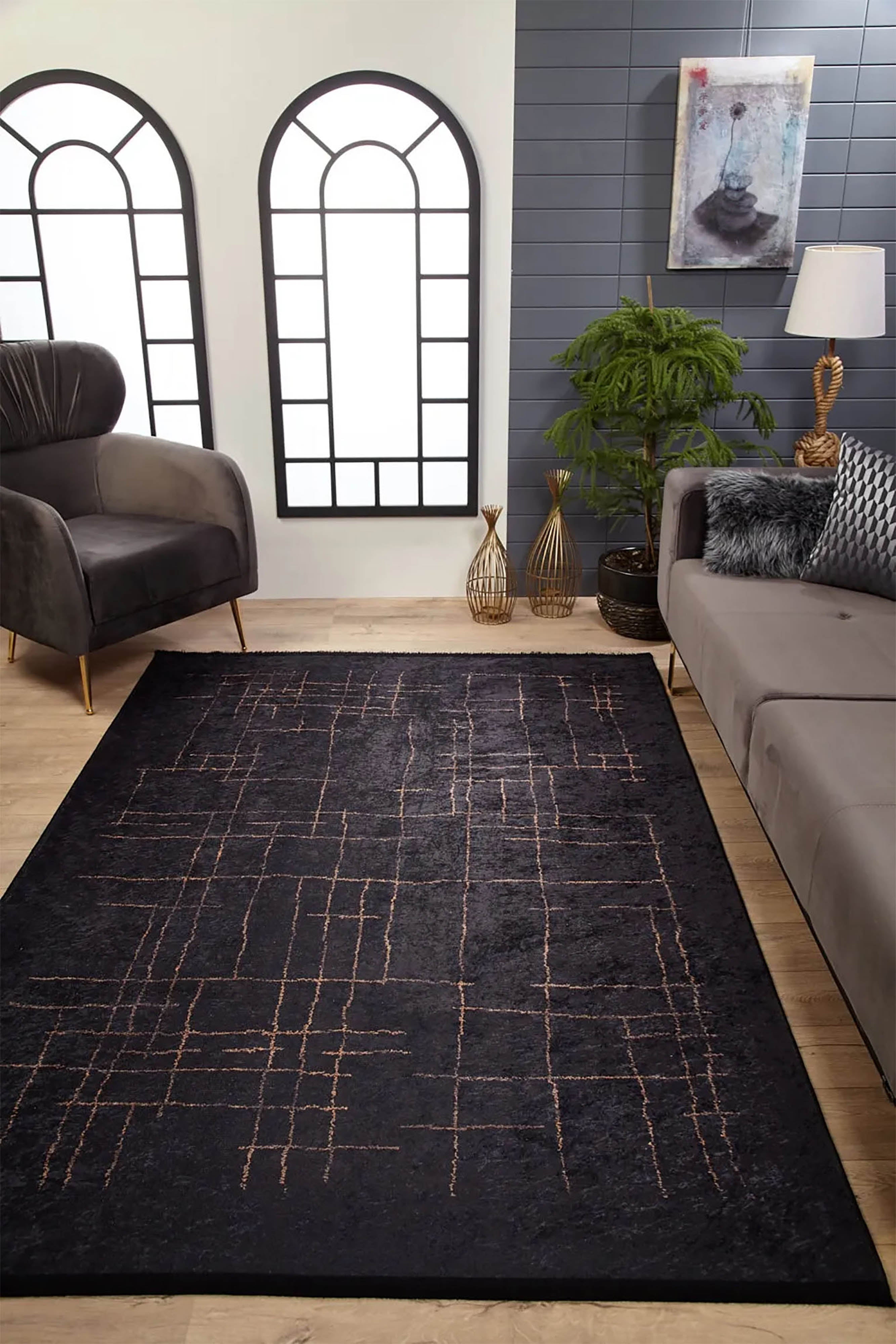 Daniela Trellis Geometric Luxury Black Brown Rug