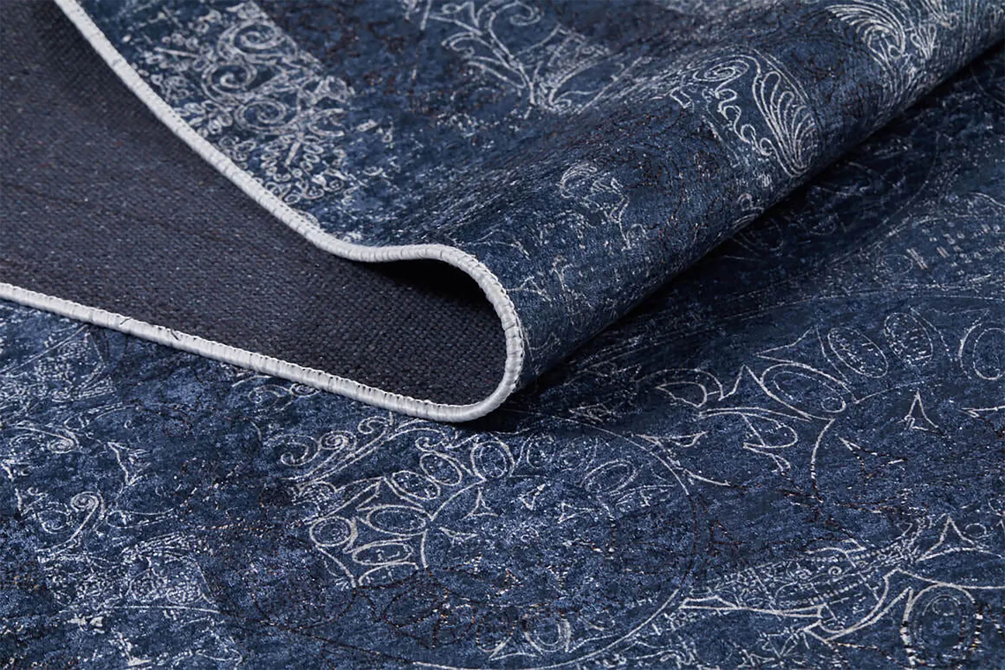 Marisol Marble Navy Blue Bordered Geometric Rug