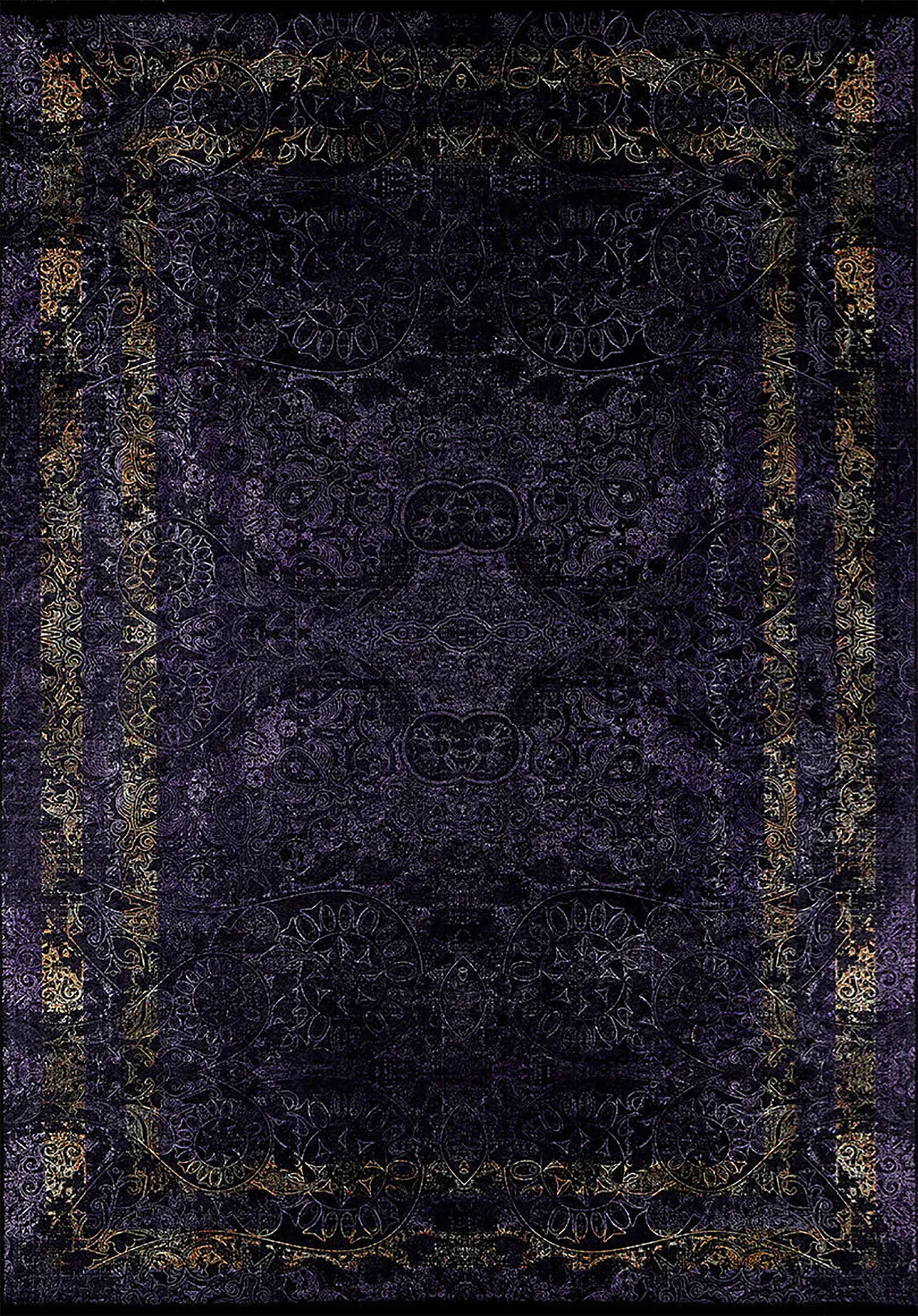 Veda Marble Black Gold Purple Bordered Geometric Rug